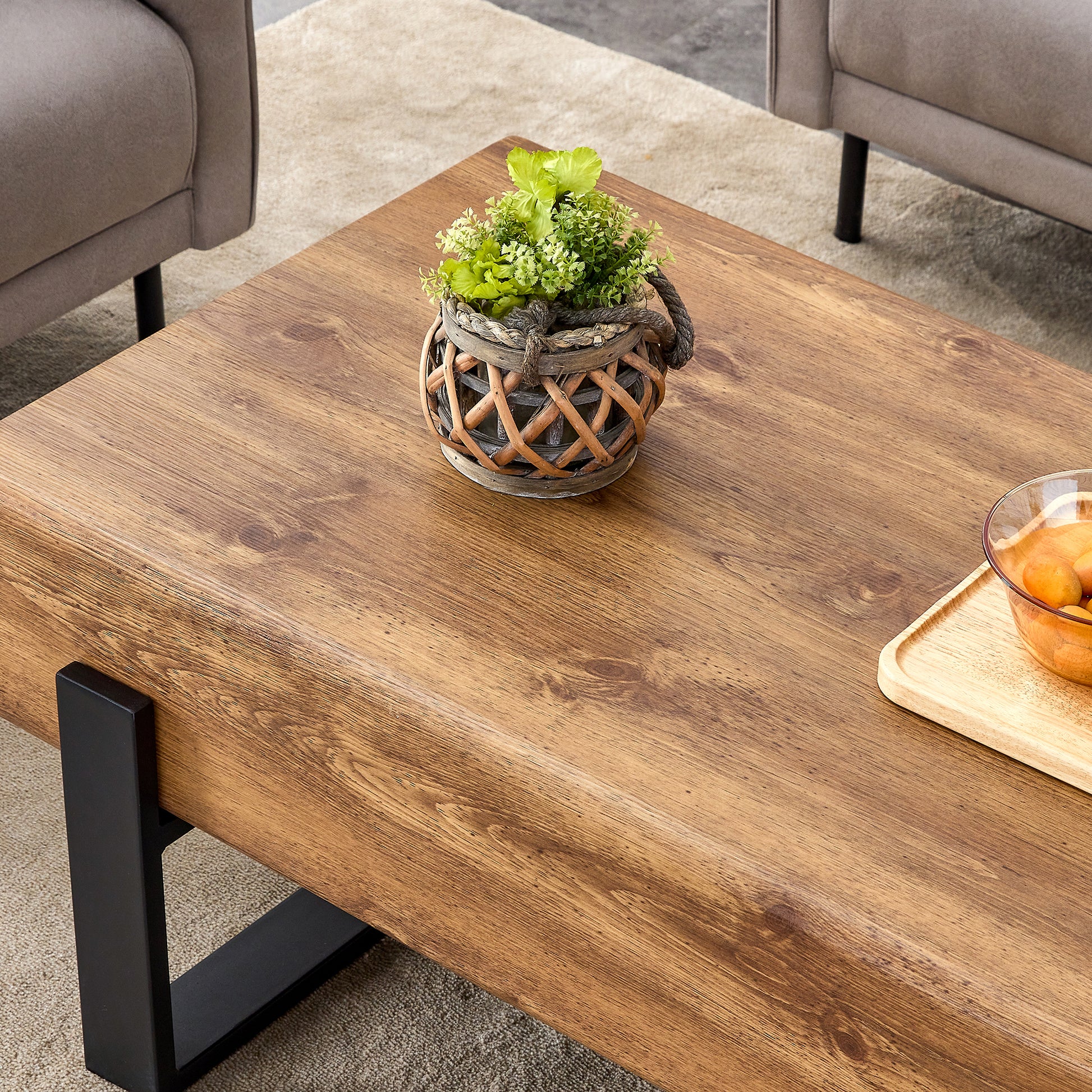 A Coffee Table Made Of American Vintage Mdf Material. Equipped With Drawers Made Of Solid Wood Material. Can Store Items And Save Space. Paired With Black Metal Table Legs. Suitable For Living Room. Natural Wood Mdf