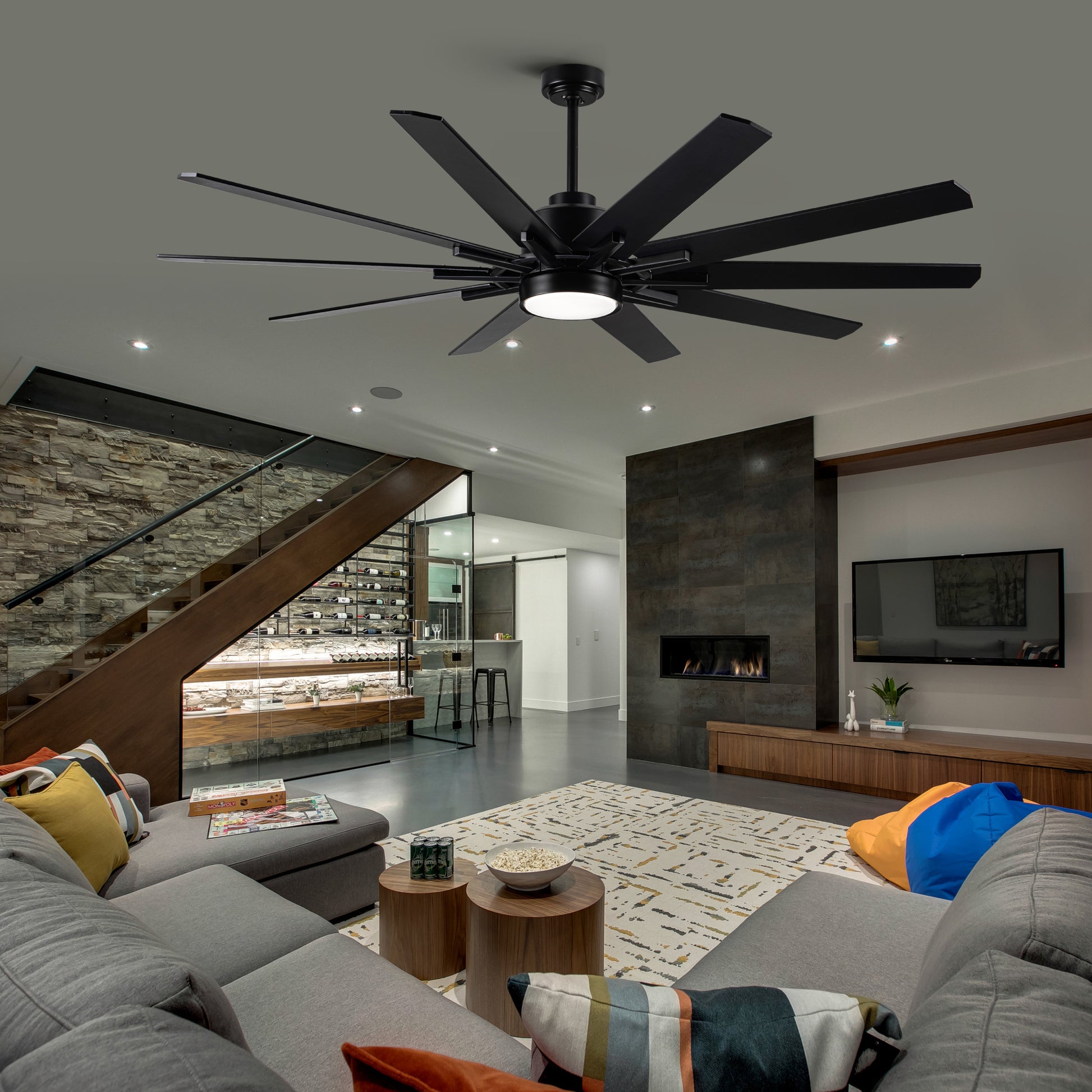 72 In.Integarted Led Large Black Double Finish Ceiling Fan With Remote Control Antique Black Classic,Contemporary,Farmhouse,Rustic Plywood Metal & Wood