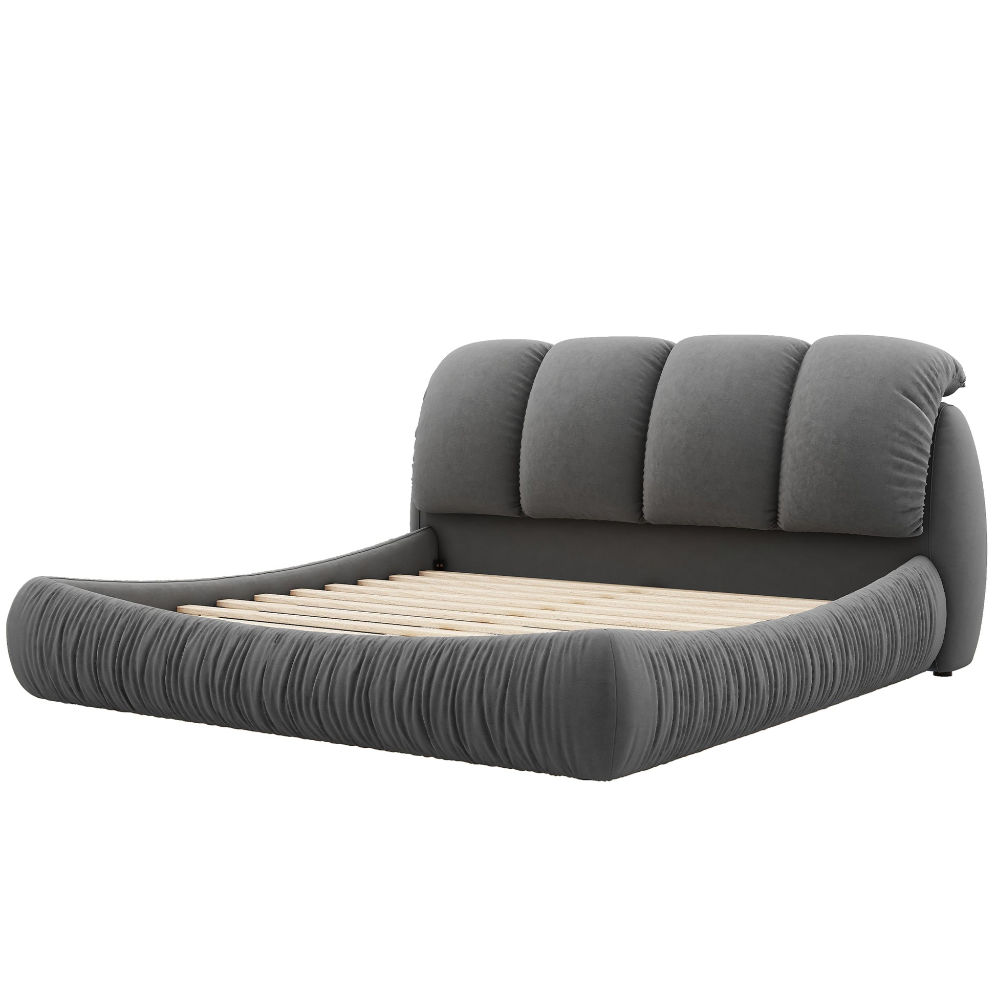 King Size Luxury Upholstered Bed With Thick Headboard, Velvet King Bed With Oversized Padded Backrest, Gray Expect Arrive Date 2024 3 15 King Gray Velvet