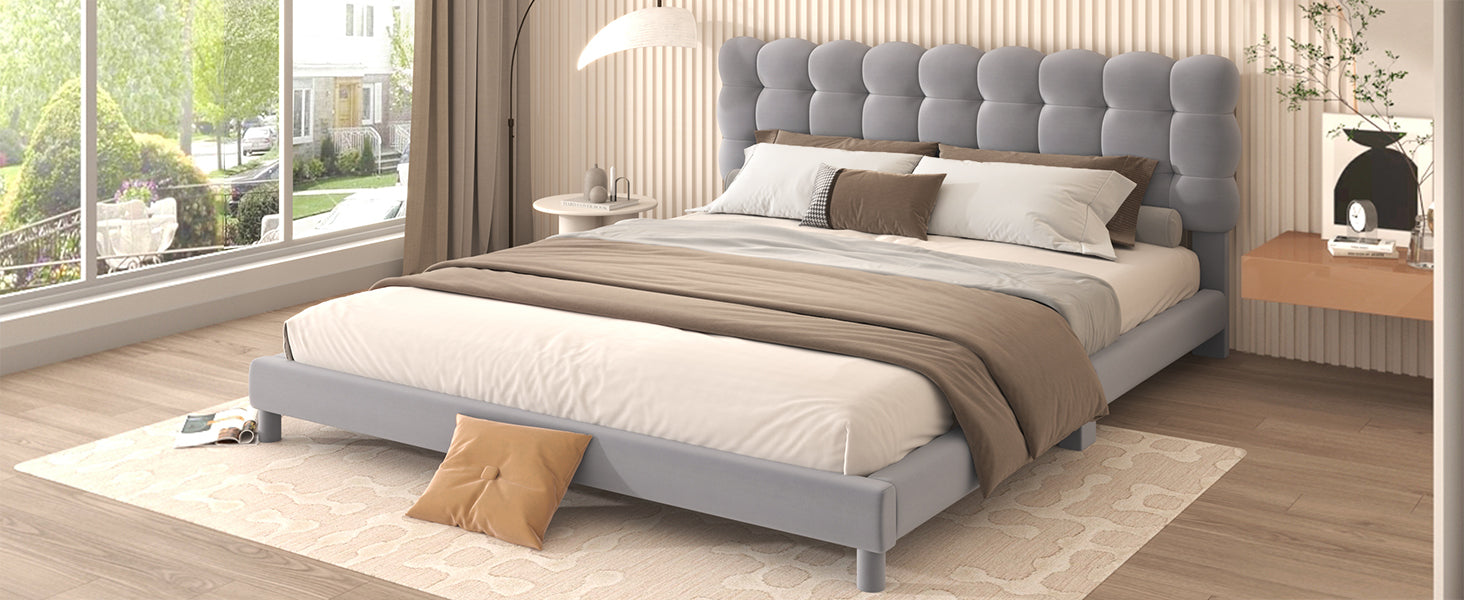 Queen Size Upholstered Platform Bed With Soft Headboard,Gray Gray Upholstered