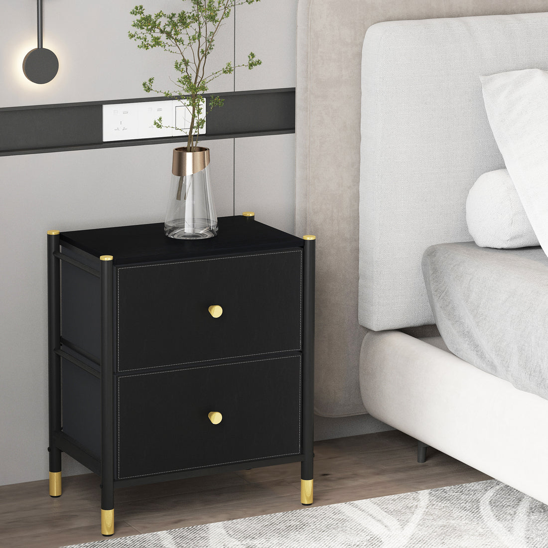 Drawer Dresser Cabinet,2 Drawer Nightstands For Bedroom Small Bedside Dresser With Pu Leather Front Bins Stylish End Table And Night Stand Furniture Perfect For Closet, Bedroom,Color:Black 1 2 Drawers Black Primary Living Space Drawers Included Luxury