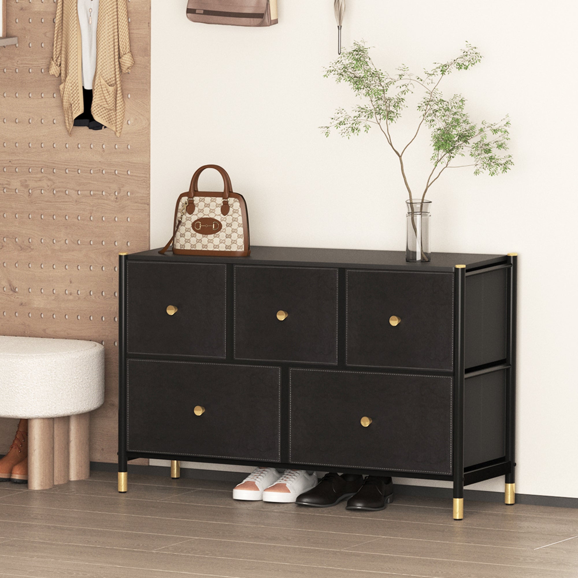 Drawer Dresser Cabinet ,All Dresser With 5 Pu Leather Front Drawers, Storage Tower With Fabric Bins, Double Dresser, Chest Of Drawers For Closet, Living Room, Hallway, Children'S Room, Color:Black 5 Or More Drawers Black Primary Living Space Drawers