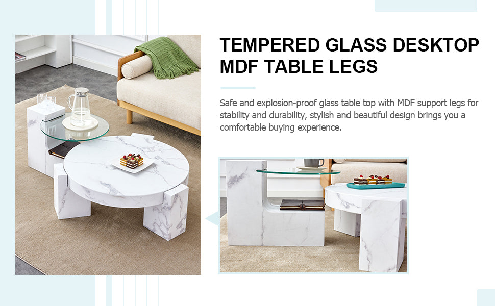 A Modern, Fashionable, And Durable Marble Textured Mdf Coffee Table With A Side Table. Match With Multiple Scenes. Suitable For Living Room And Bedroom. White Mdf Glass