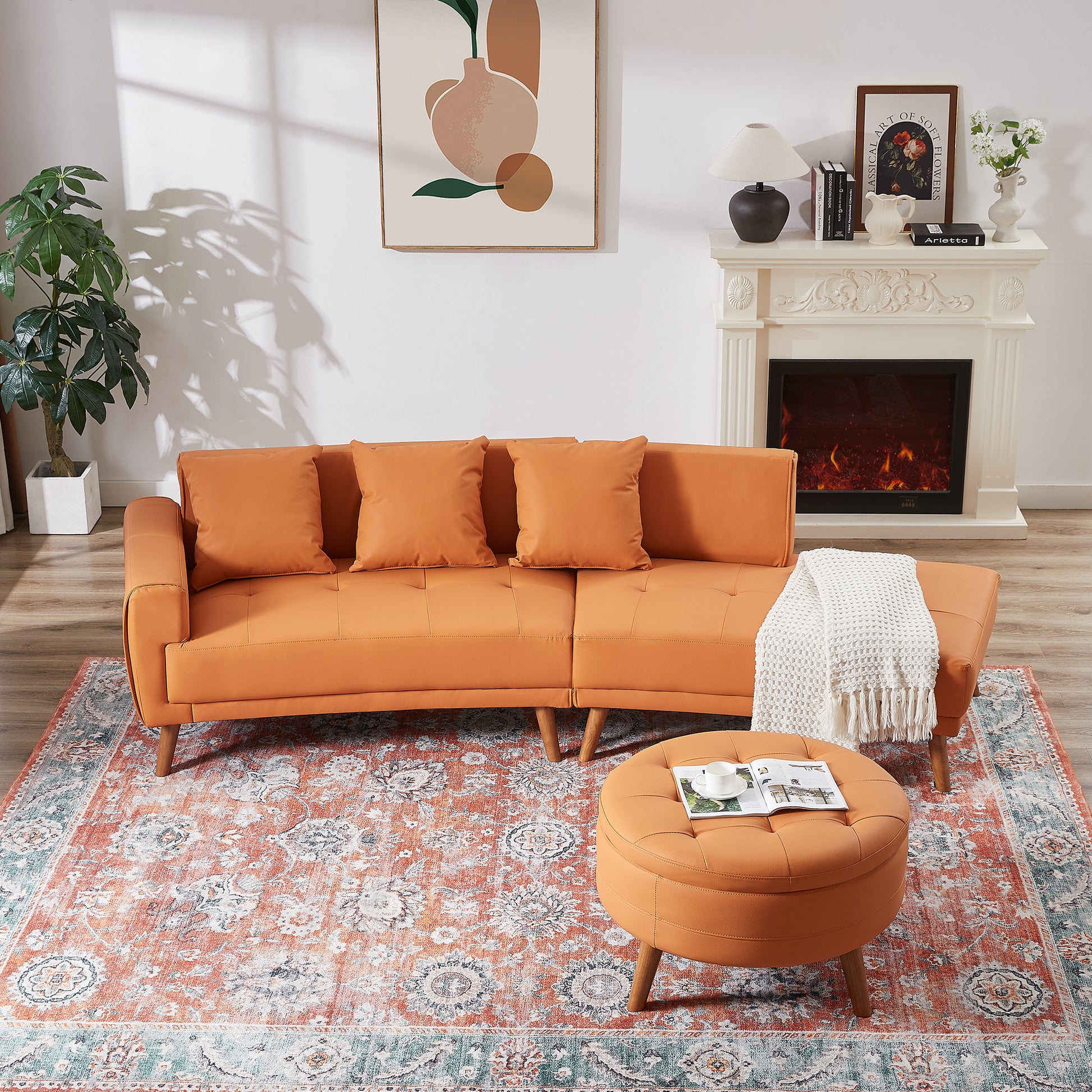 107" Contemporary Sofa Stylish Sofa Couch With A Round Storage Ottoman And Three Removable Pillows For Living Room, Orange Orange Pu