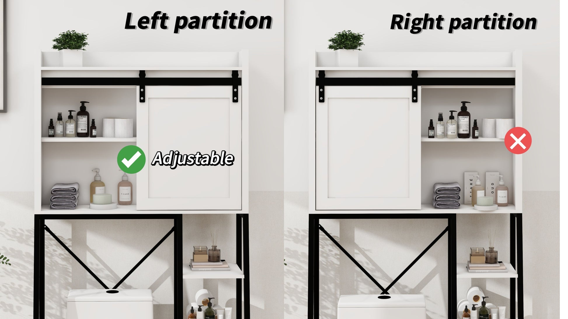 Over The Toilet Storage Cabinet, Bathroom Shelves Over Toilet With Sliding Barn Door,Adjustable Shelves And Side Storage Rack White White Black Mdf