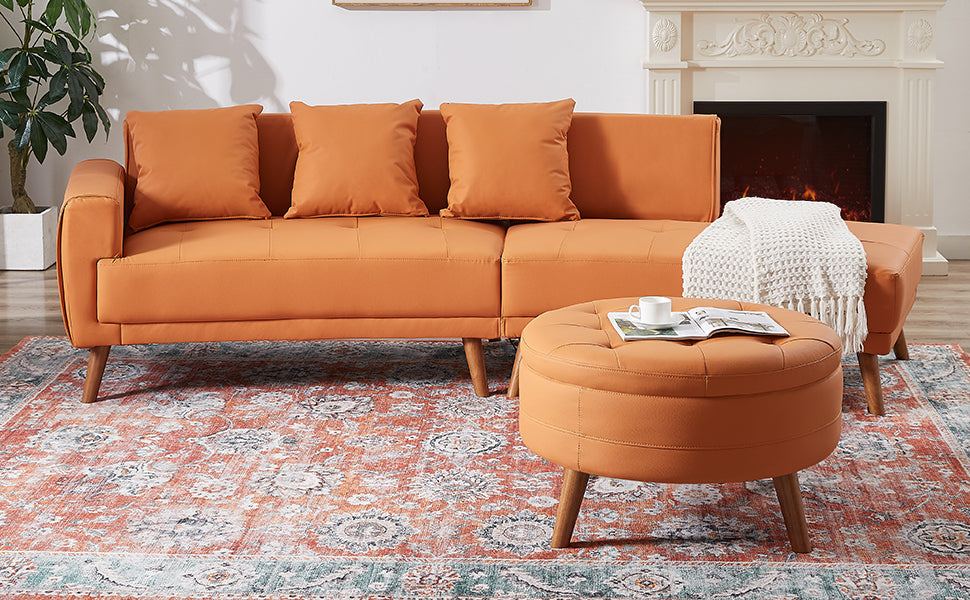 107" Contemporary Sofa Stylish Sofa Couch With A Round Storage Ottoman And Three Removable Pillows For Living Room, Orange Orange Pu