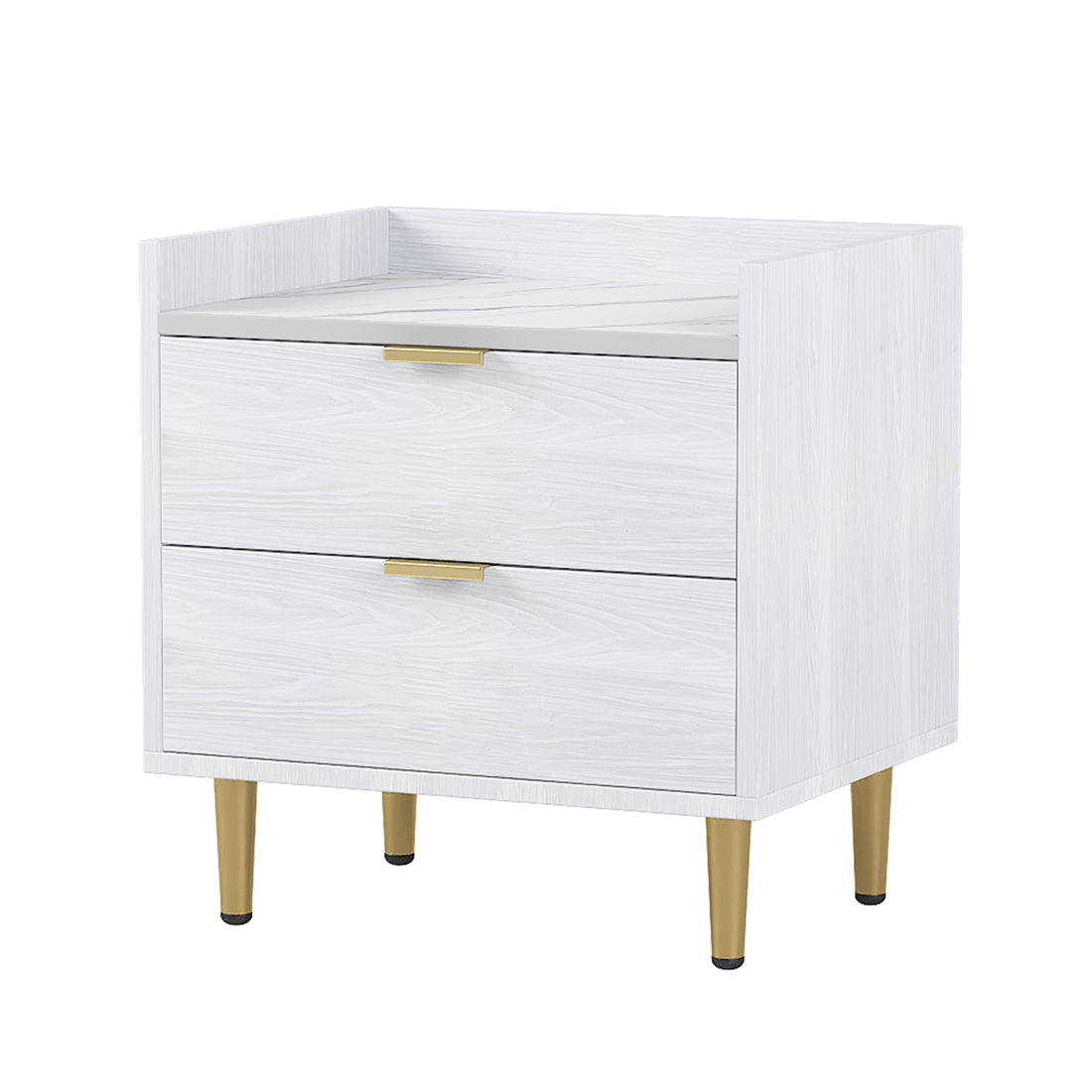 Wooden Nightstand With 2 Drawers And Marbling Worktop, Mordern Wood Bedside Table With Metal Legs&Handles,White White Mdf Metal