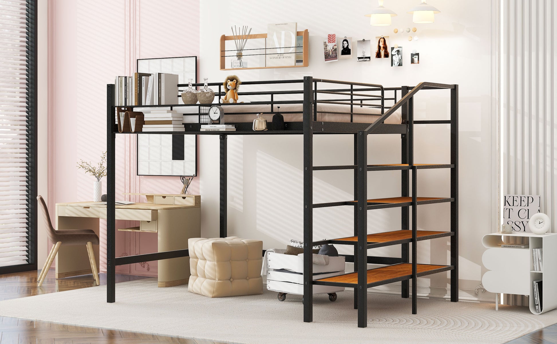 Full Size Metal Loft Bed With Upper Grid Storage Shelf And Lateral Storage Ladder, Black Black Mdf Metal