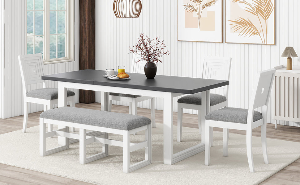 Modern 78Inch 6 Piece Extendable Dining Table Set, 4 Upholstered Dining Chairs And Dining Bench, 18" Butterfly Leaf, White Wood Dining Room Extendable Rubberwood Rectangular Dining Table With Chair And Bench Upholstered Chair Wood White Gray Solid Back