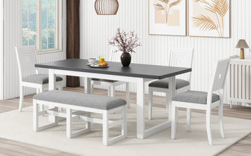 Modern 78Inch 6 Piece Extendable Dining Table Set, 4 Upholstered Dining Chairs And Dining Bench, 18" Butterfly Leaf, White Wood Dining Room Extendable Rubberwood Rectangular Dining Table With Chair And Bench Upholstered Chair Wood White Gray Solid Back