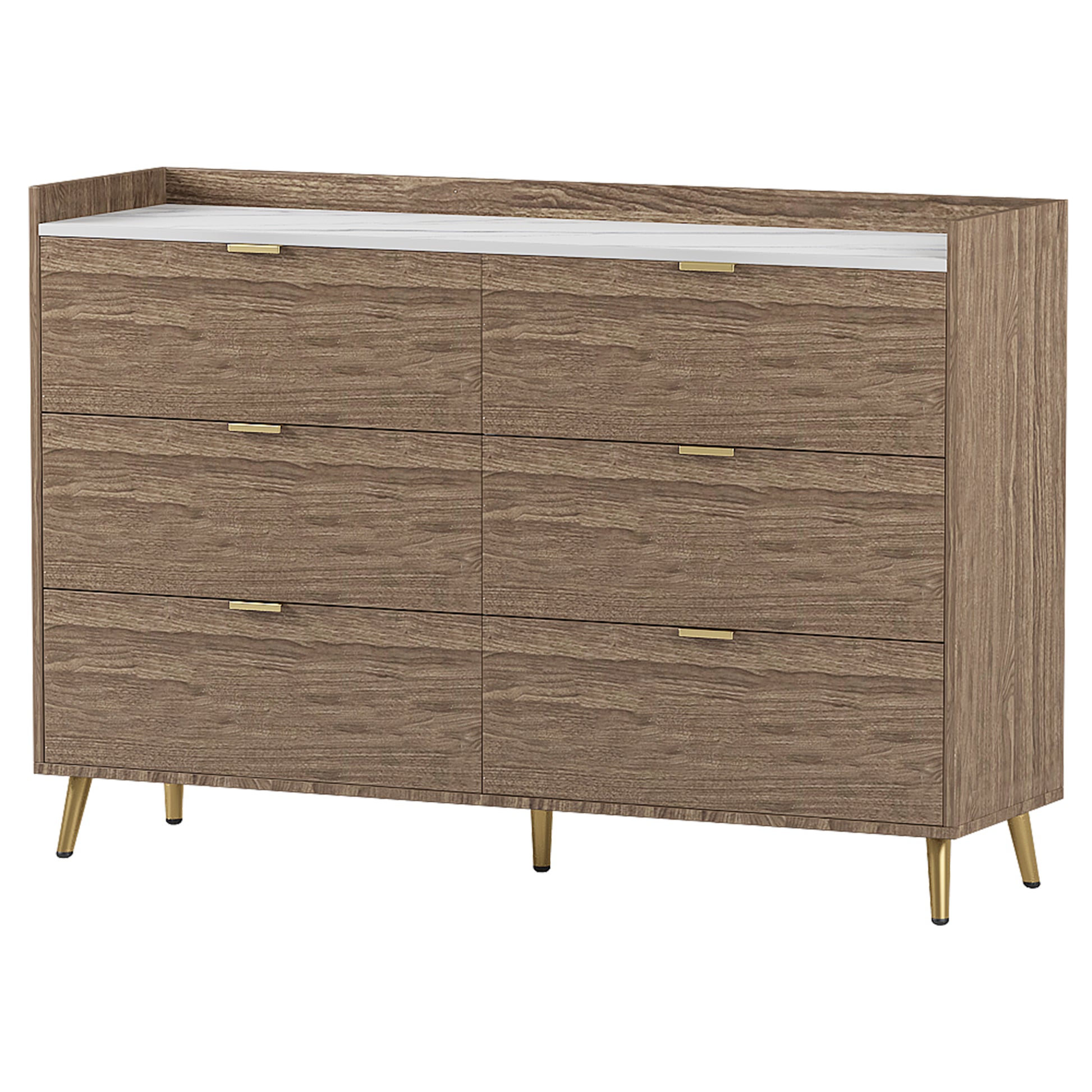 55" Long 6 Drawer Dresser With Marbling Worktop, Mordern Storage Cabinet With Metal Leg And Handle For Bedroom,Walnut Walnut Mdf Metal