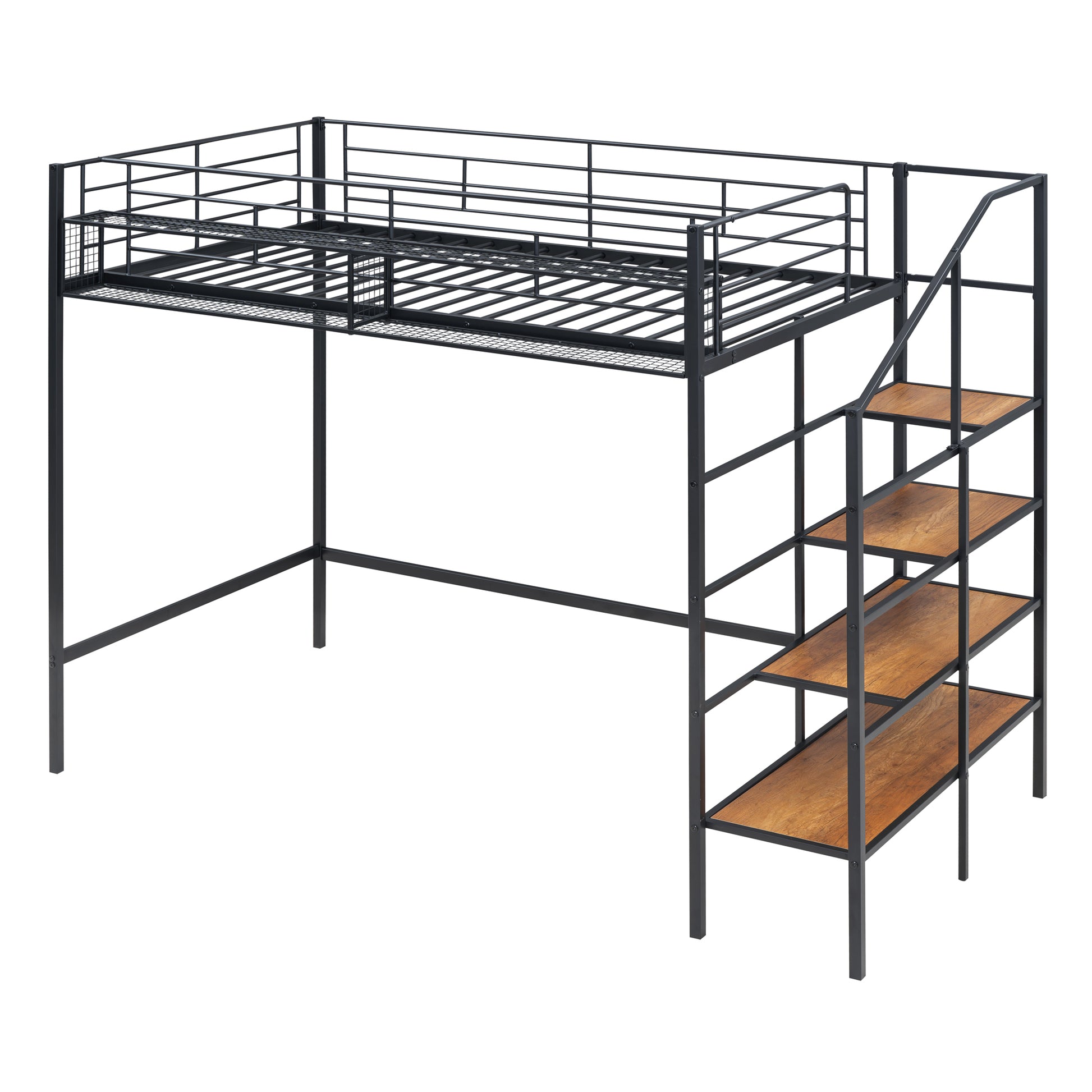 Twin Size Metal Loft Bed With Upper Grid Storage Shelf And Lateral Storage Ladder, Black Black Mdf Metal