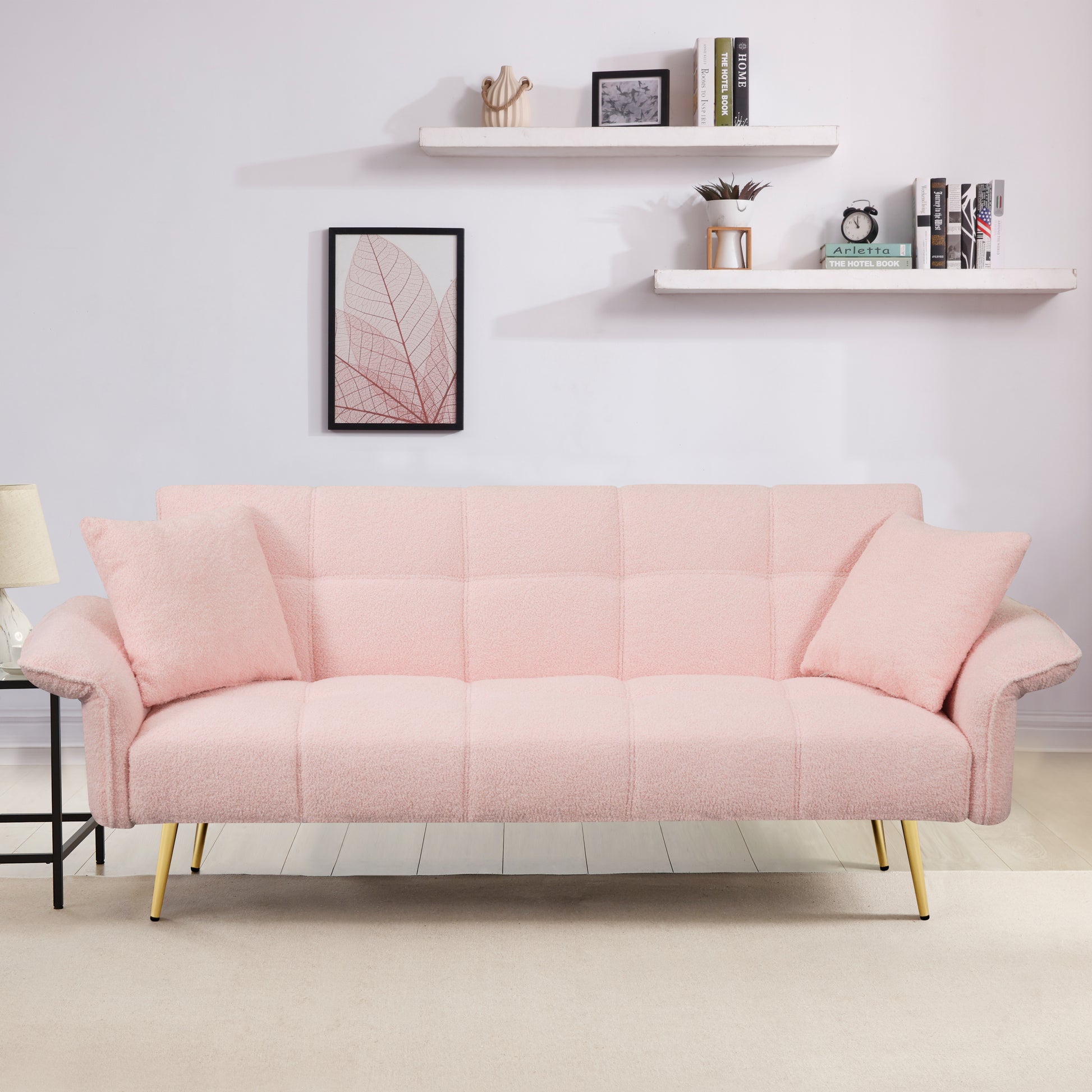 70 Inch Teddy Fleece Sofabed, Convertible Futon Sofabed With Adjustable Arms And Backrest, Modernsofa For Living Room And Bedroom. Pink Light Brown Velvet Wood Primary Living Space Medium Soft Loose Back Contemporary Eucalyptus Foam Foam 2 Seat