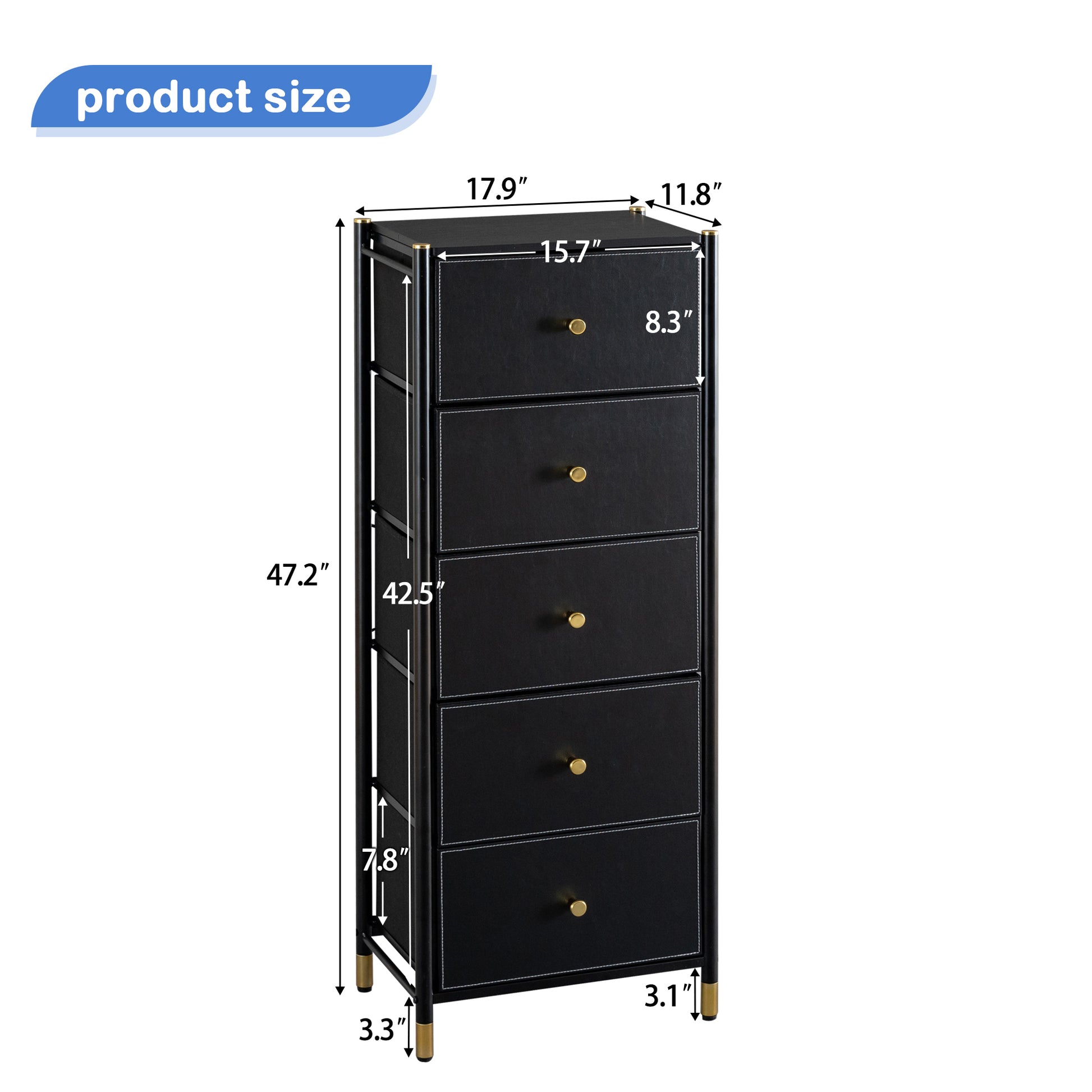 Drawer Dresser Cabinet, Tall Dresser With 5 Pu Leather Front Drawers, Storage Tower With Fabric Bins, Double Dresser, Chest Of Drawers For Closet, Living Room, Hallway, Children'S Room, Color:Black 5 Or More Drawers Black Primary Living Space Drawers