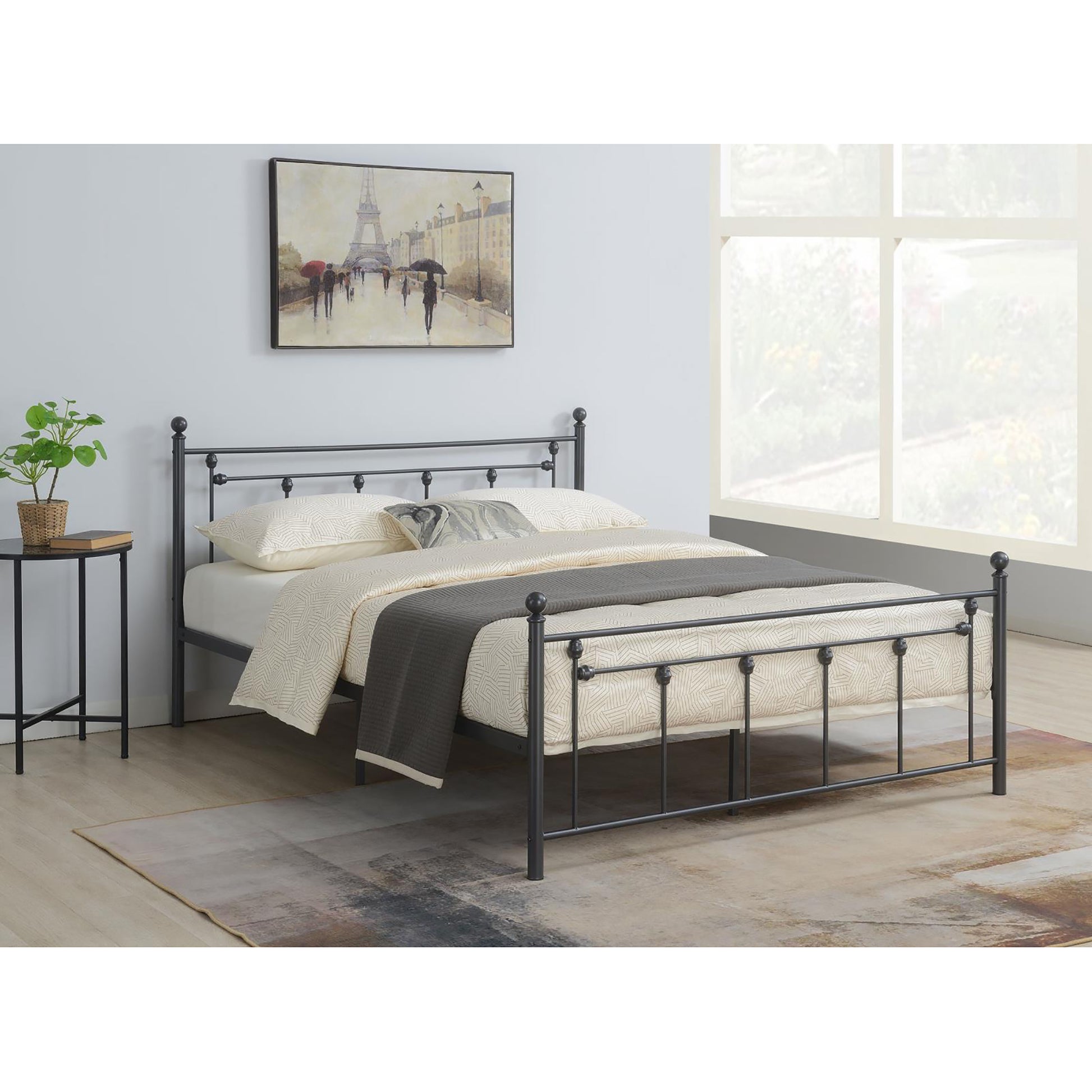 Gunmetal Slatted Queen Platform Bed Box Spring Not Required Queen Grey Metal Bedroom Transitional Bed Frame Metal