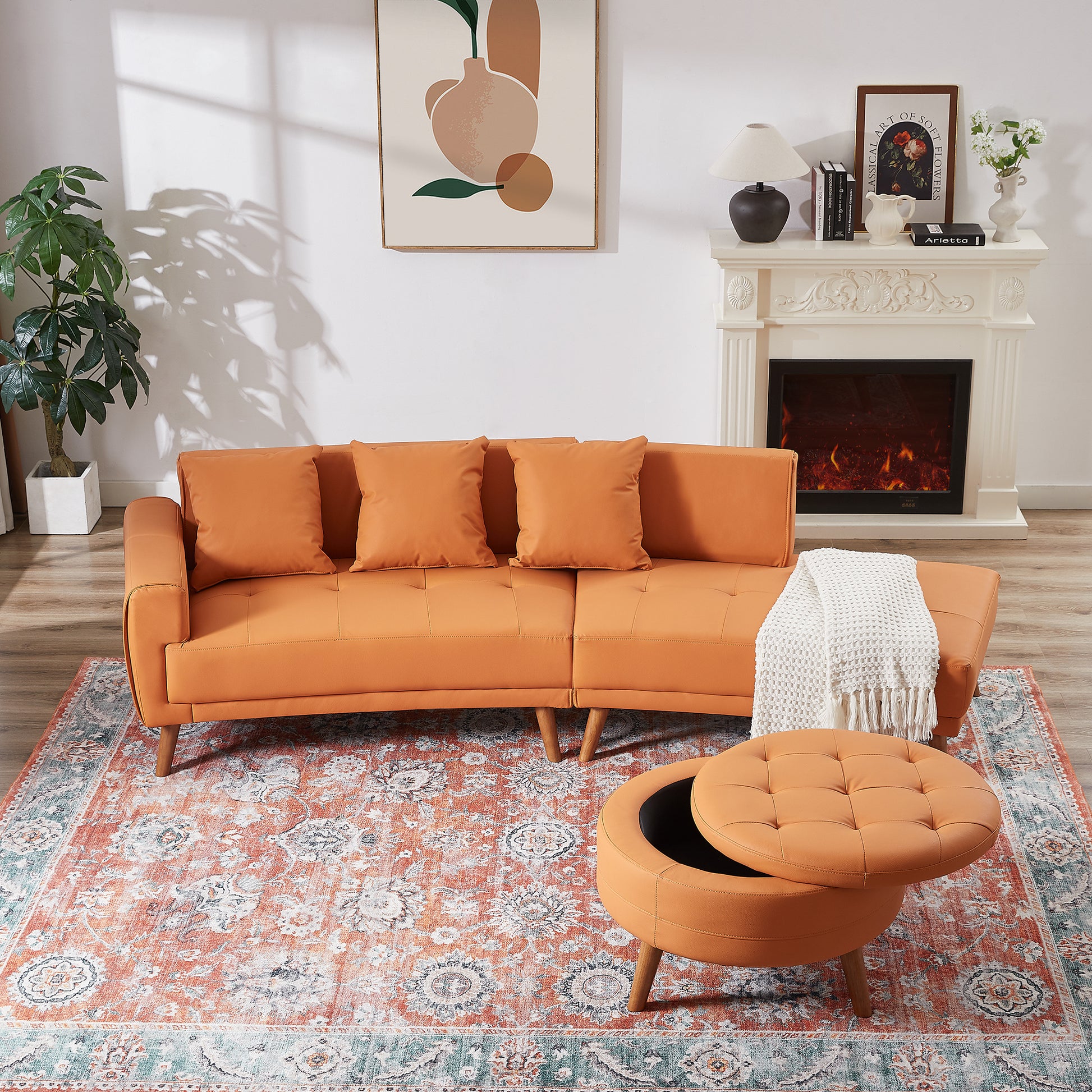 107" Contemporary Sofa Stylish Sofa Couch With A Round Storage Ottoman And Three Removable Pillows For Living Room, Orange Orange Pu