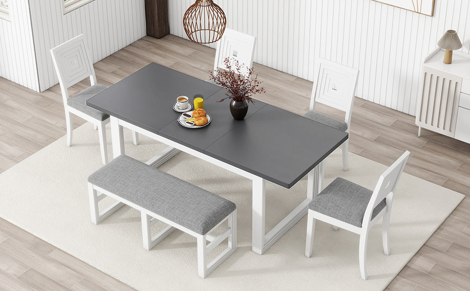 Modern 78Inch 6 Piece Extendable Dining Table Set, 4 Upholstered Dining Chairs And Dining Bench, 18" Butterfly Leaf, White Wood Dining Room Extendable Rubberwood Rectangular Dining Table With Chair And Bench Upholstered Chair Wood White Gray Solid Back