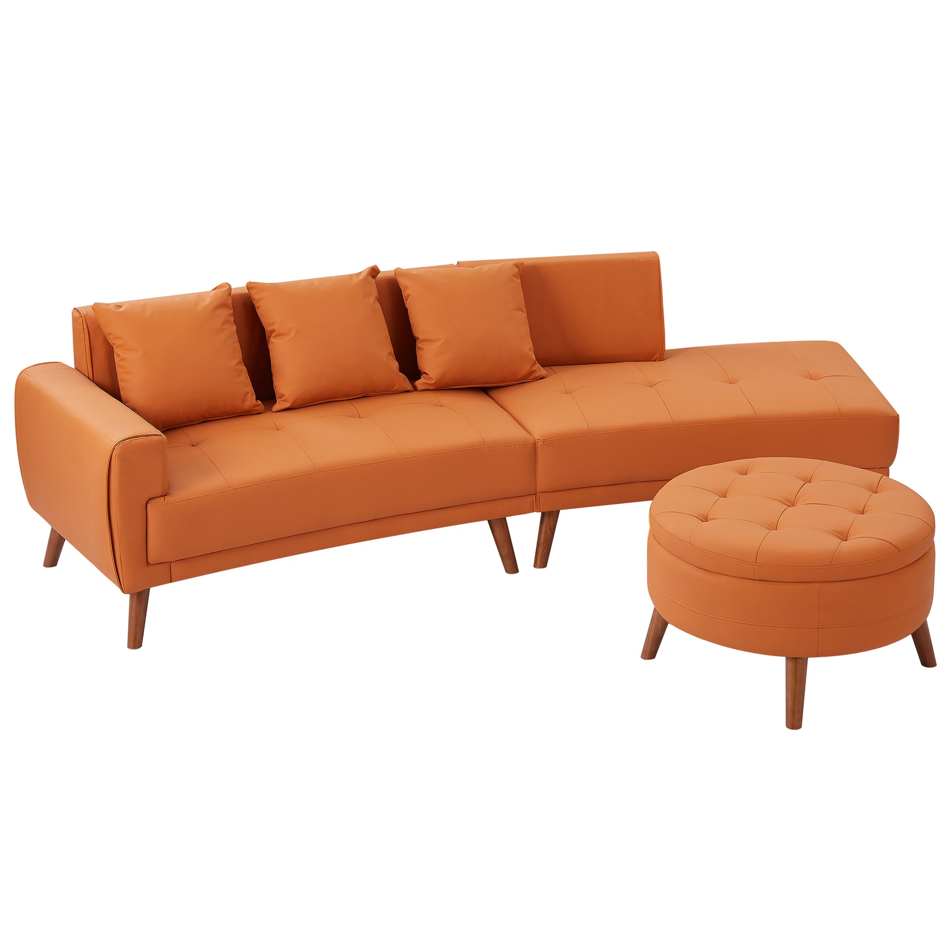 107" Contemporary Sofa Stylish Sofa Couch With A Round Storage Ottoman And Three Removable Pillows For Living Room, Orange Orange Pu