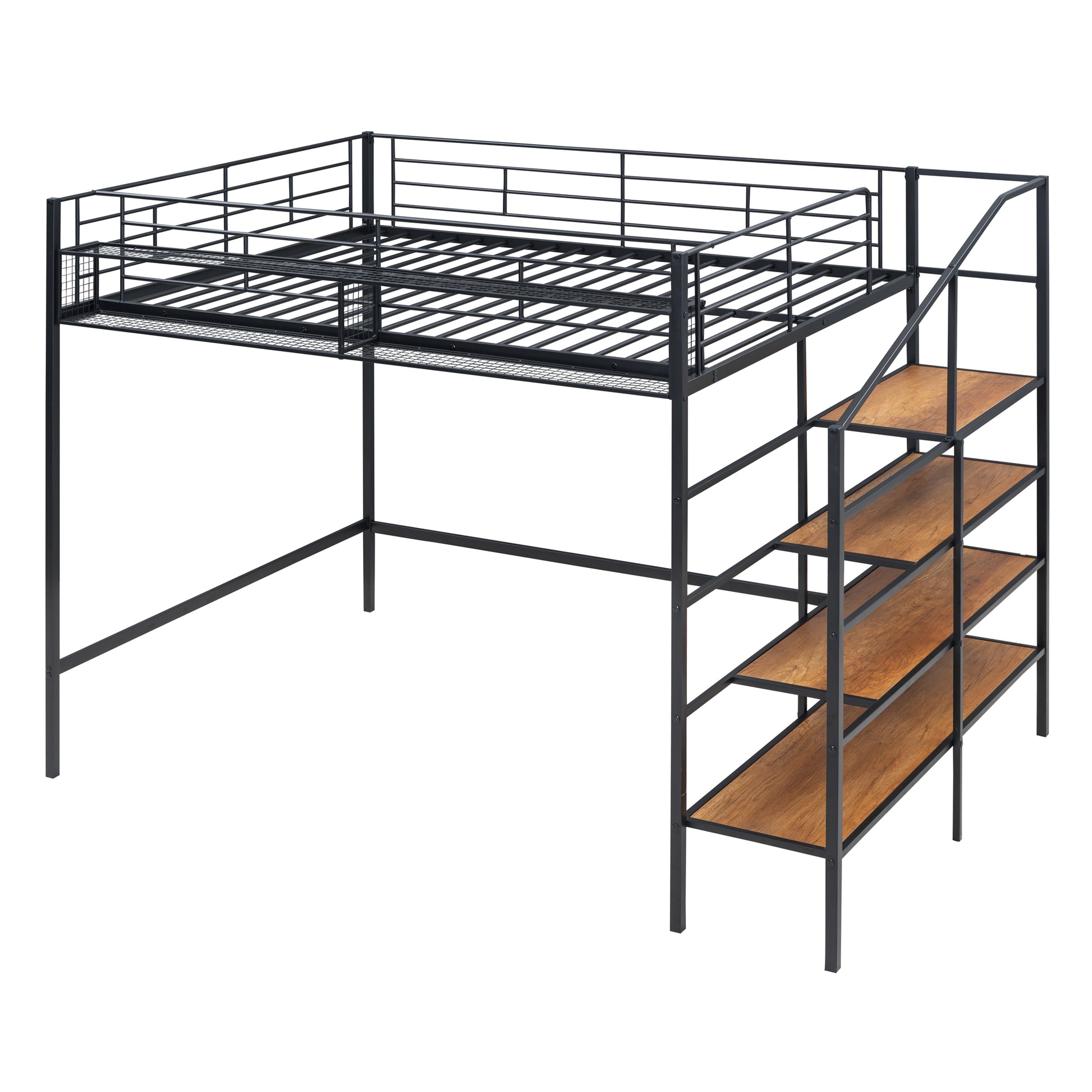 Full Size Metal Loft Bed With Upper Grid Storage Shelf And Lateral Storage Ladder, Black Black Mdf Metal