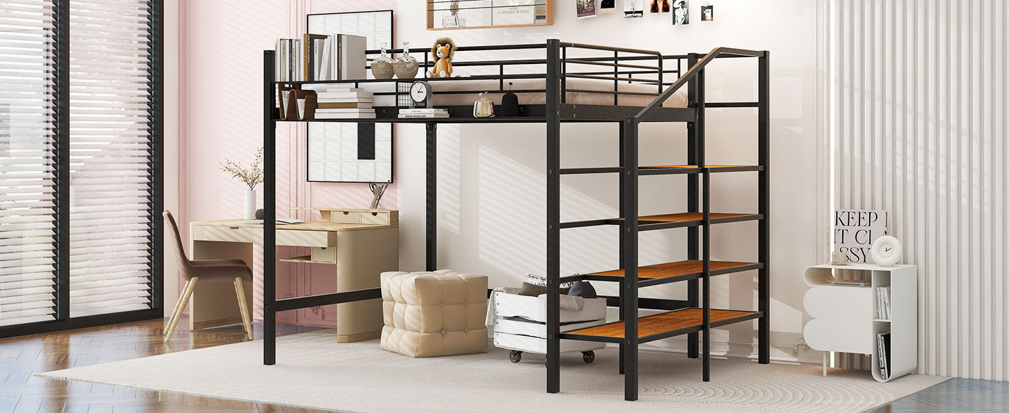 Full Size Metal Loft Bed With Upper Grid Storage Shelf And Lateral Storage Ladder, Black Black Mdf Metal