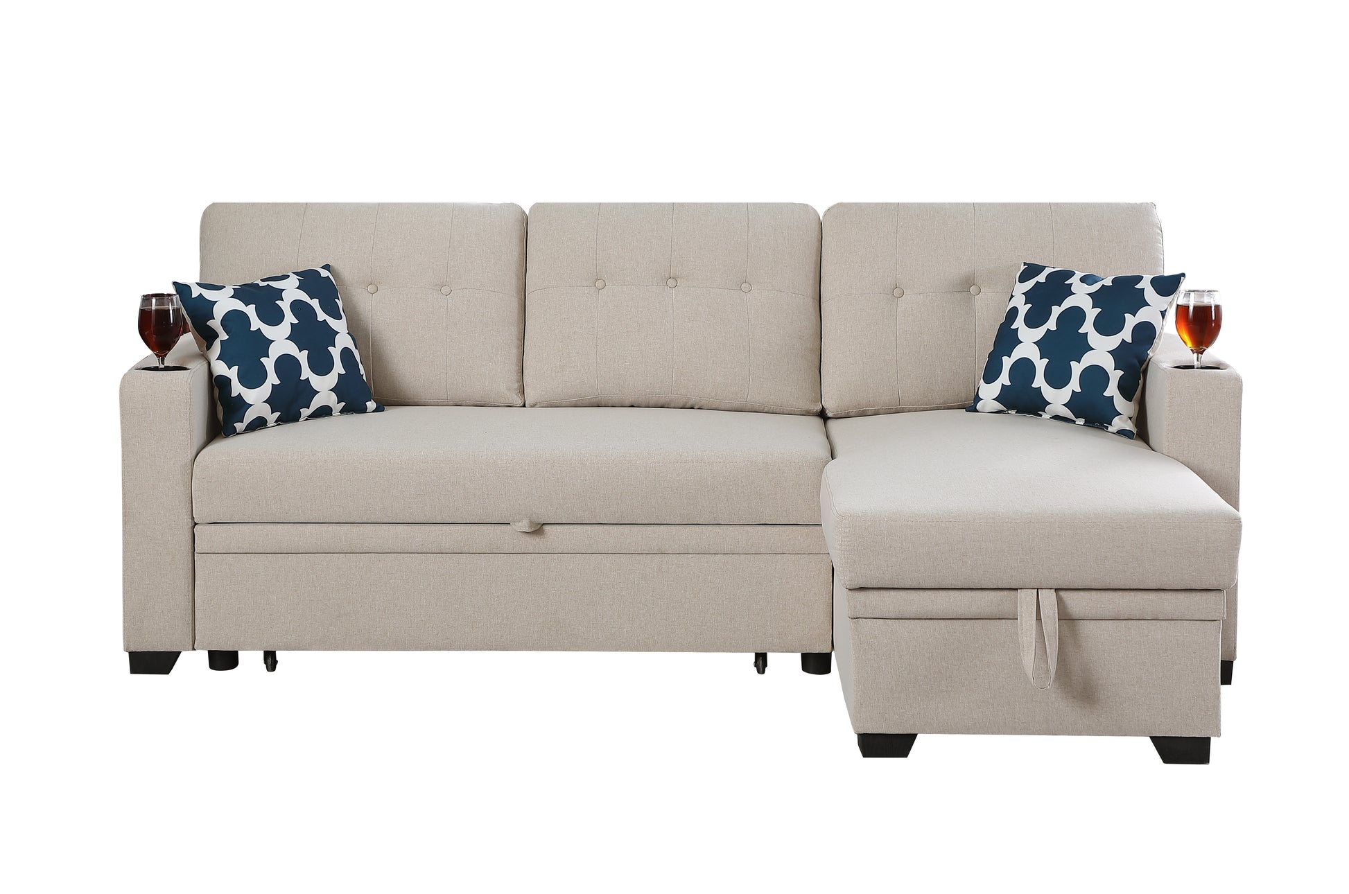 82" Width Sectional With Storage Chaise And Cupholder Armrest Beige Foam Linen