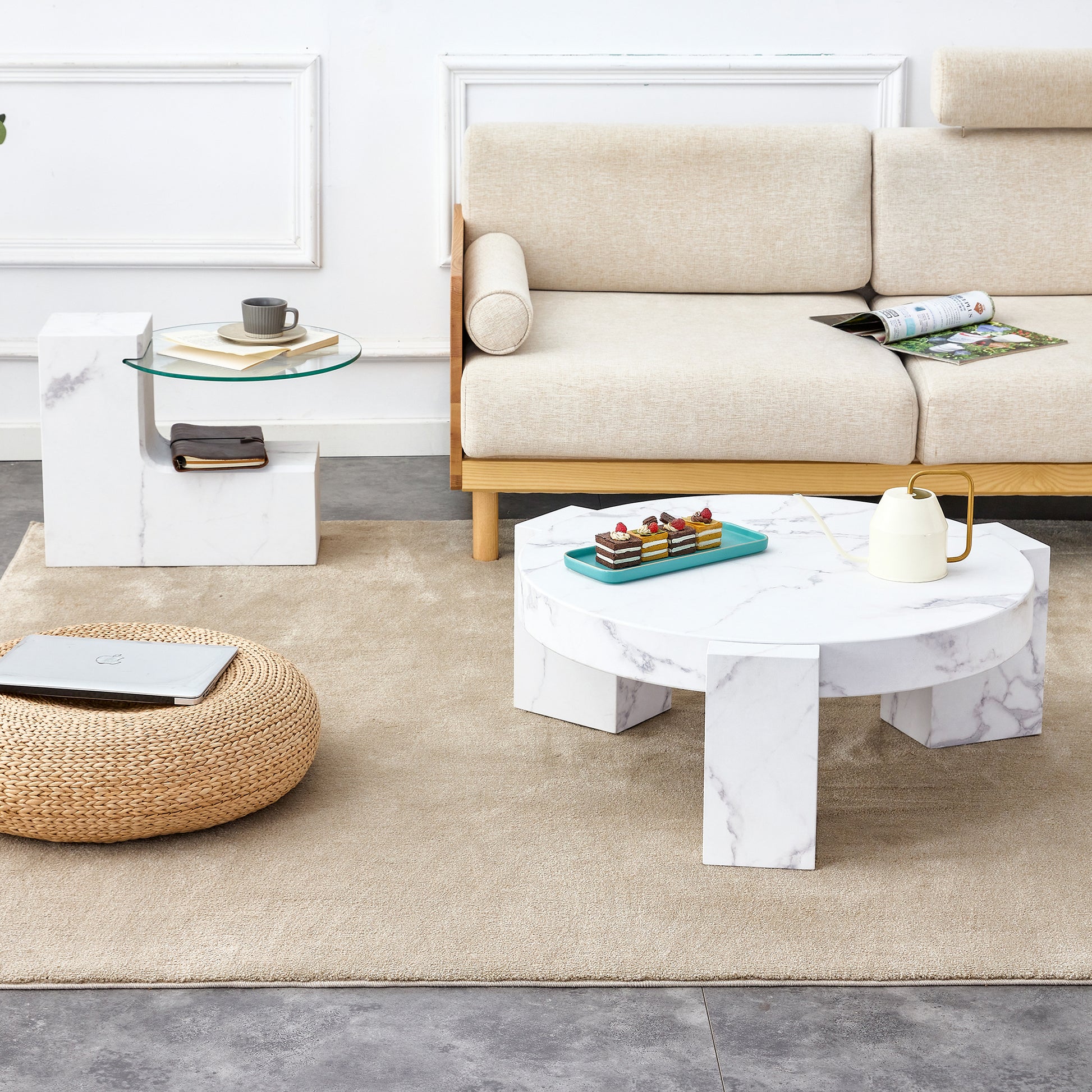 A Modern, Fashionable, And Durable Marble Textured Mdf Coffee Table With A Side Table. Match With Multiple Scenes. Suitable For Living Room And Bedroom. White Mdf Glass
