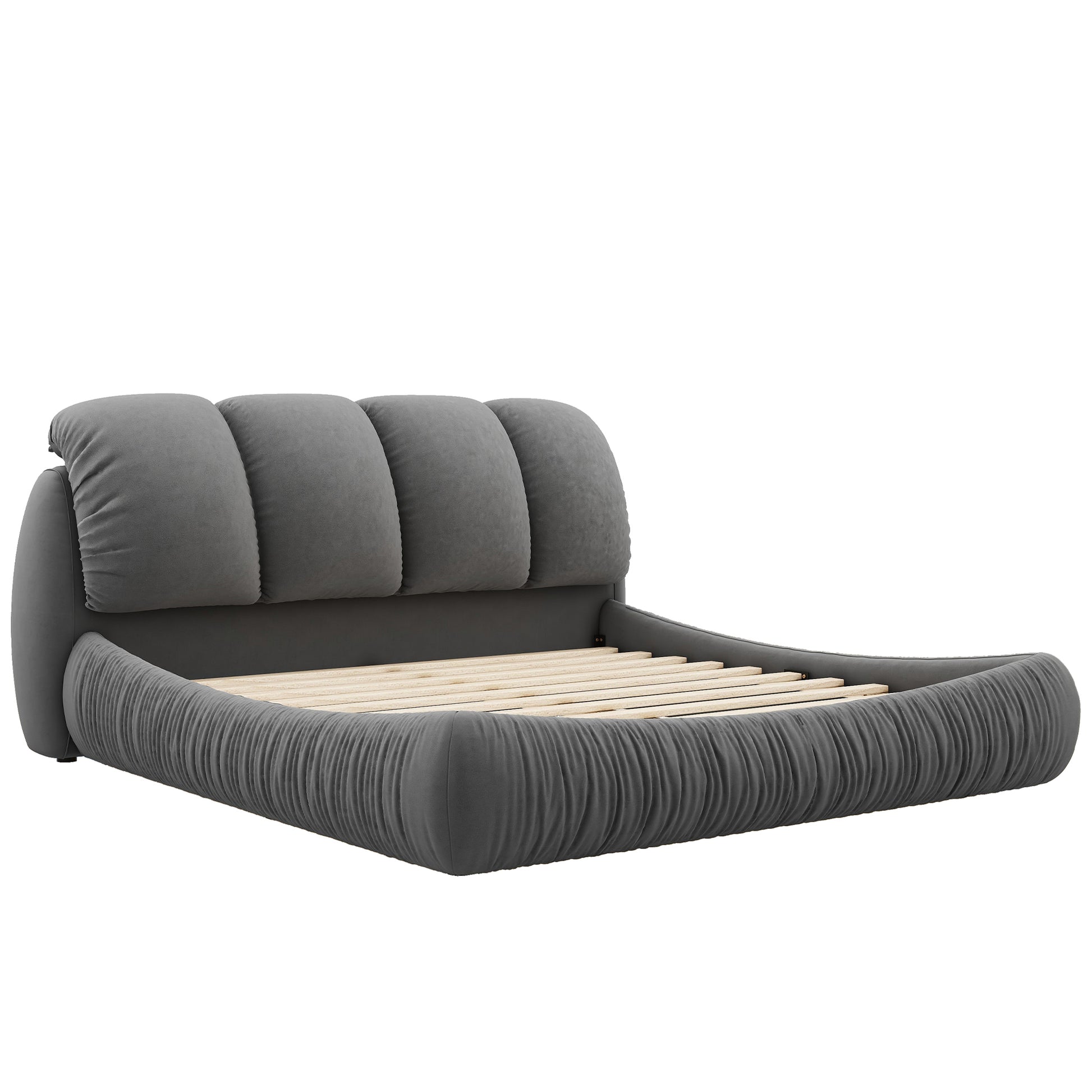 King Size Luxury Upholstered Bed With Thick Headboard, Velvet King Bed With Oversized Padded Backrest, Gray Expect Arrive Date 2024 3 15 King Gray Velvet
