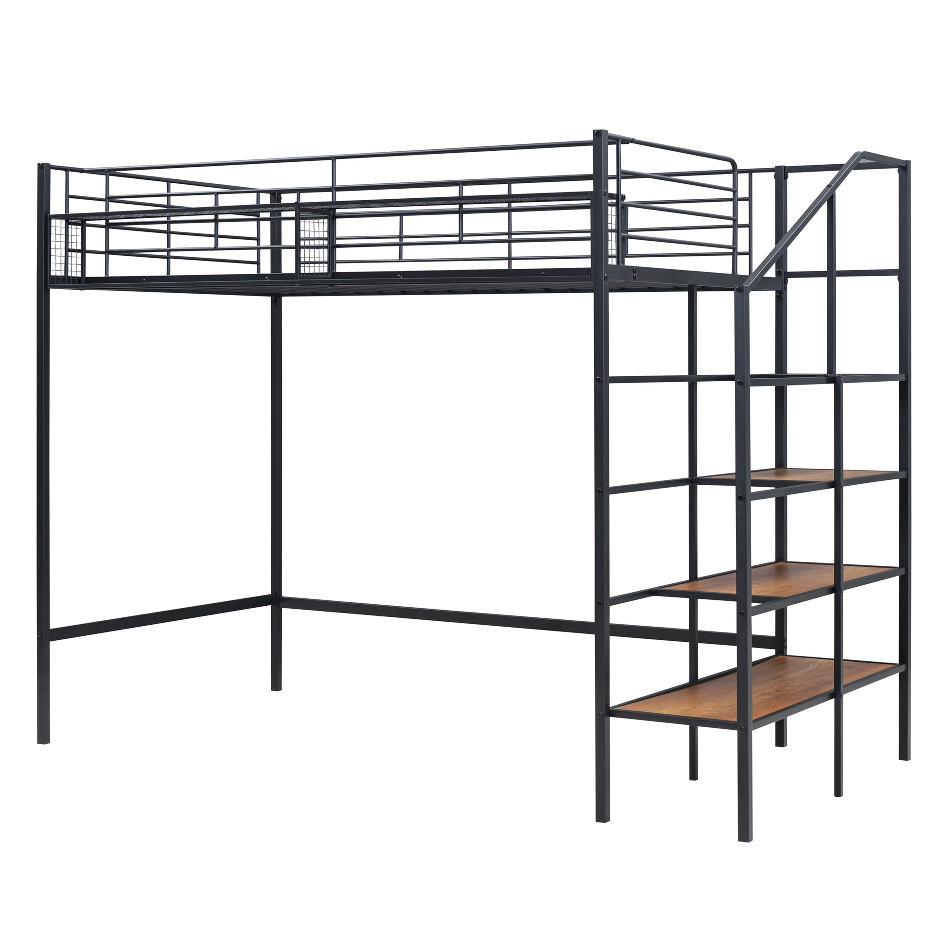 Twin Size Metal Loft Bed With Upper Grid Storage Shelf And Lateral Storage Ladder, Black Black Mdf Metal