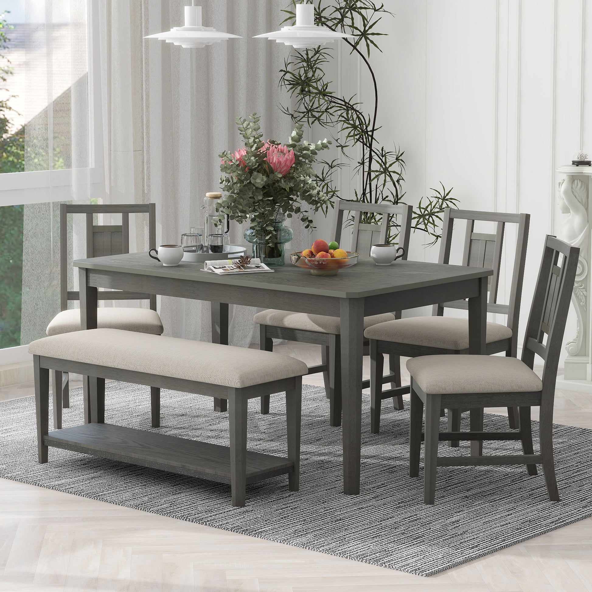 6 Piece Retro Dining Set, Minimalist Dining Table And 4 Upholstered Chairs & 1 Bench With A Shelf For Dining Room Dark Gray Dark Gray Mdf