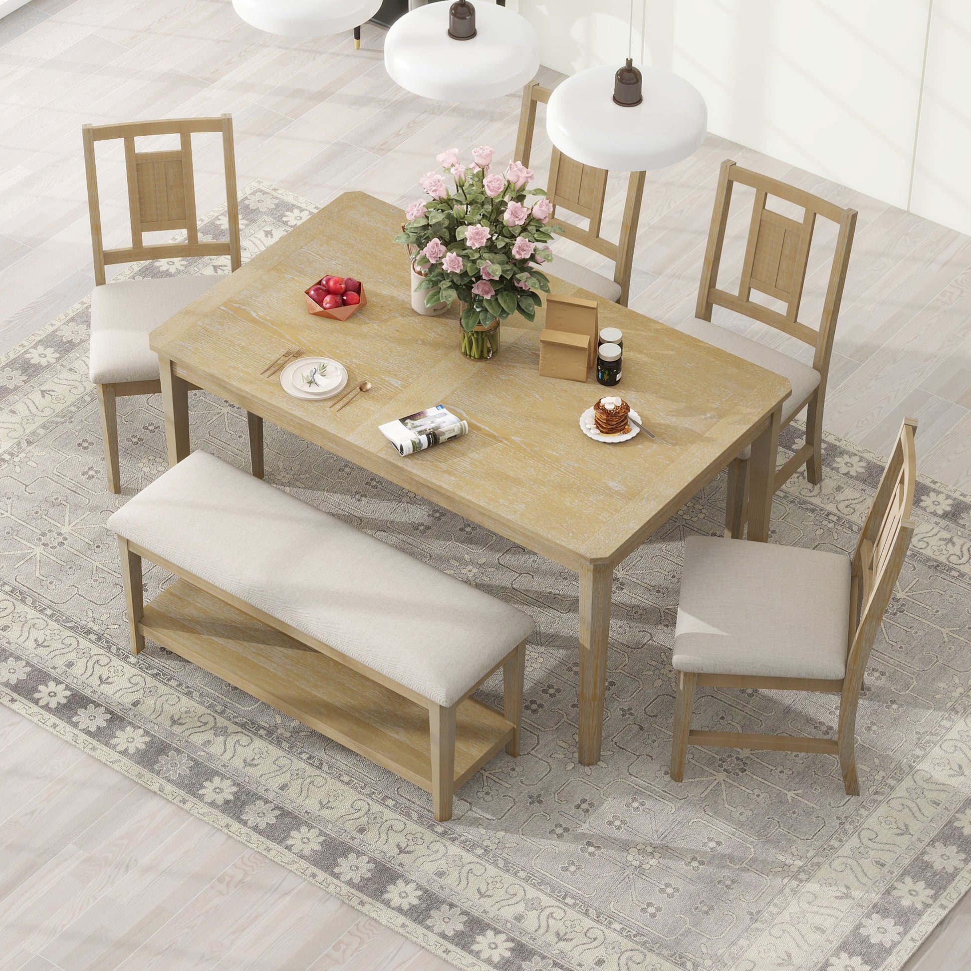 6 Piece Retro Dining Set, Minimalist Dining Table And 4 Upholstered Chairs & 1 Bench With A Shelf For Dining Room Natural Wood Wash Natural Wood Wash Mdf