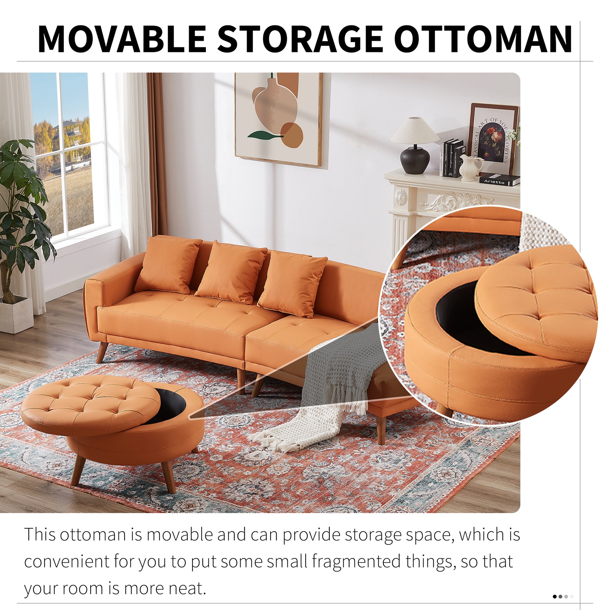 107" Contemporary Sofa Stylish Sofa Couch With A Round Storage Ottoman And Three Removable Pillows For Living Room, Orange Orange Pu