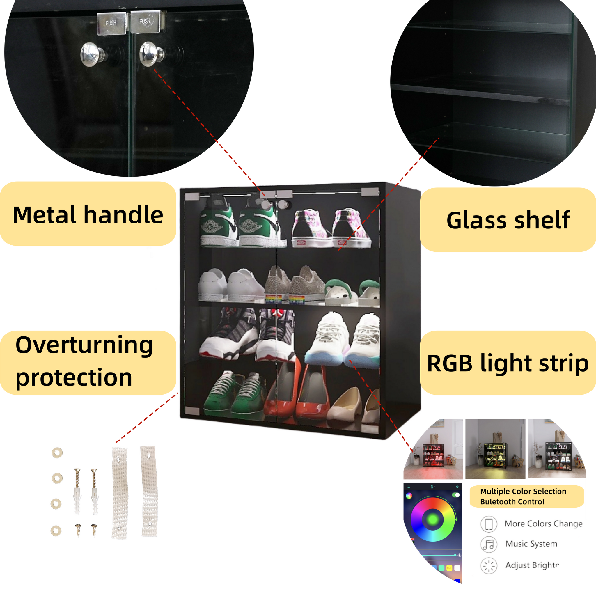 4 Layers Black Shoe Cabinet with Glass Door and