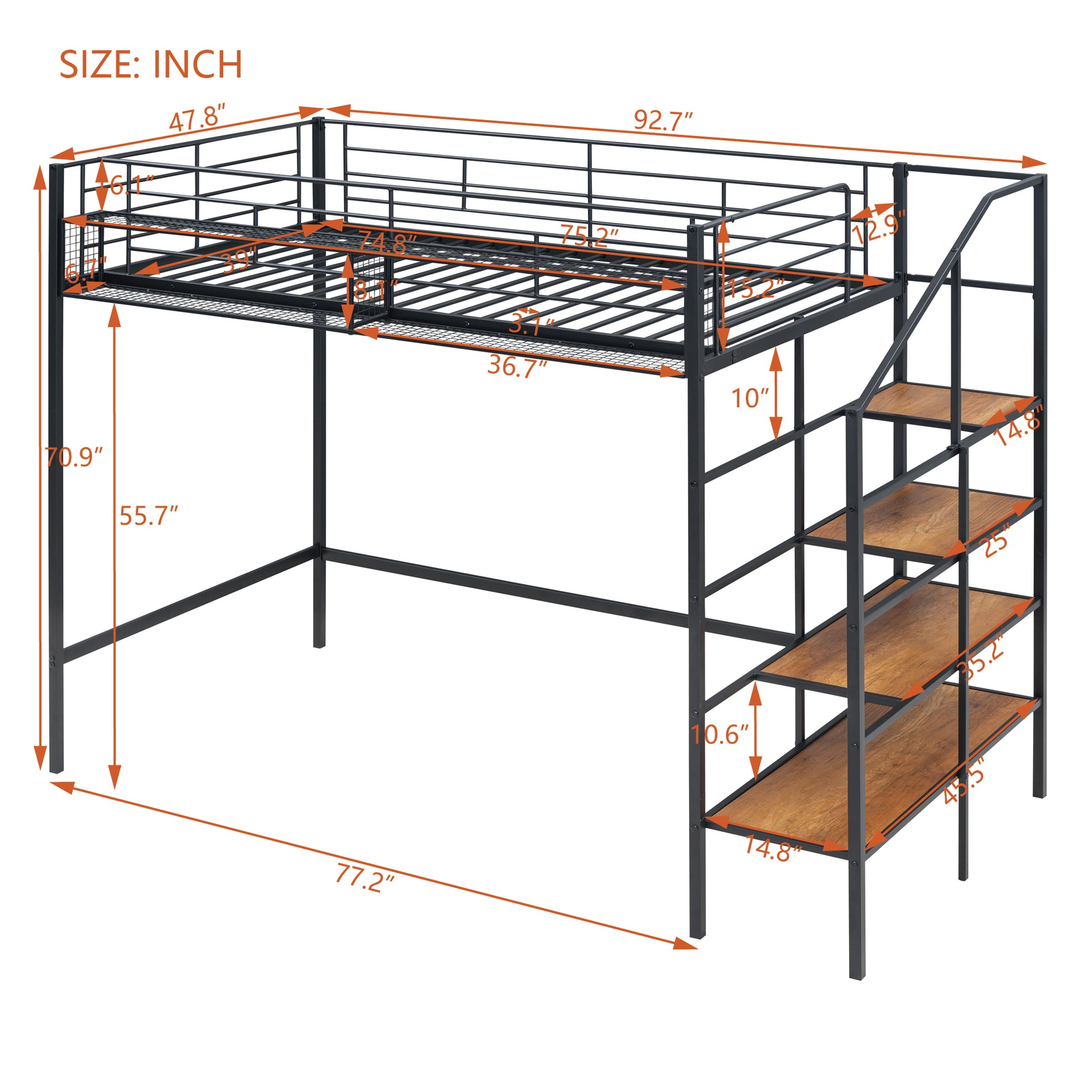 Twin Size Metal Loft Bed With Upper Grid Storage Shelf And Lateral Storage Ladder, Black Black Mdf Metal