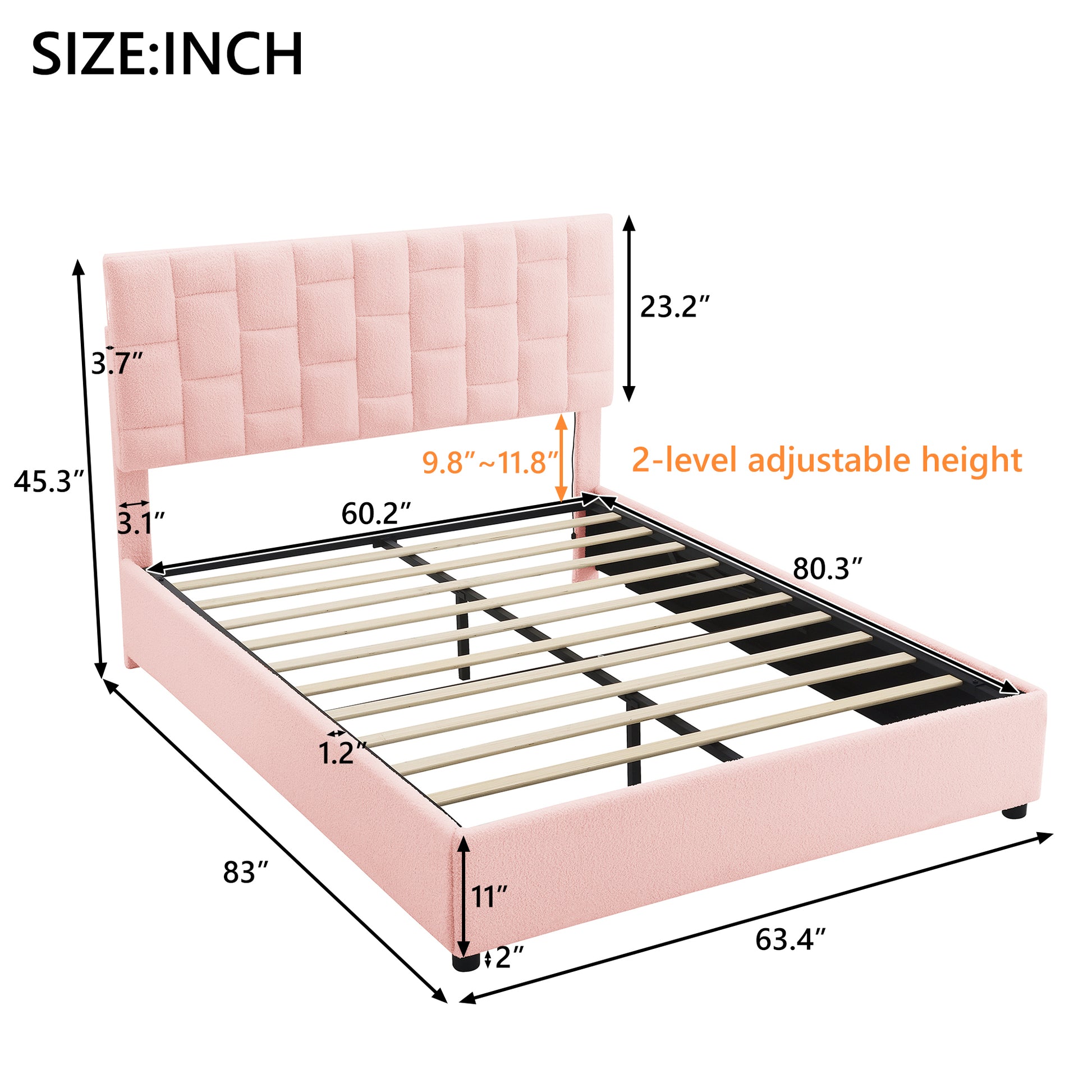 Queen Size Upholstered Platform Bed With Height Adjustable Headboard And Under Bed Storage Space,Pink Pink Upholstered