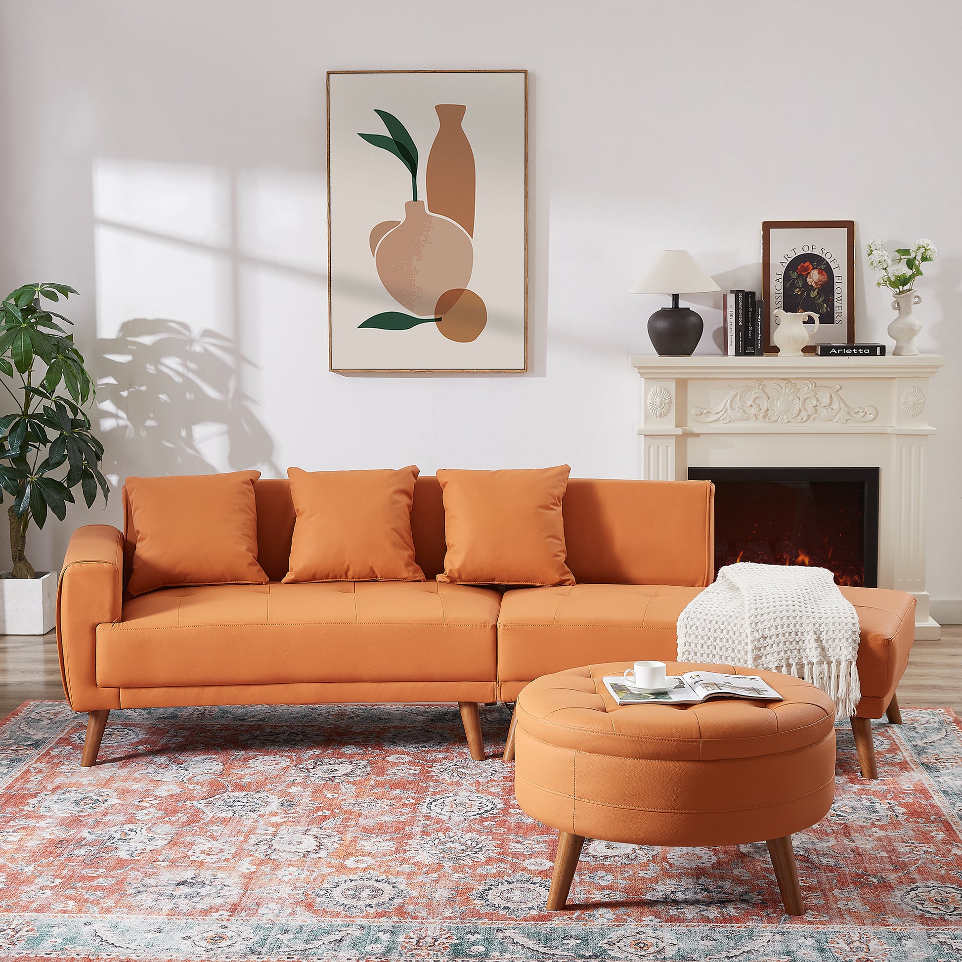 107" Contemporary Sofa Stylish Sofa Couch With A Round Storage Ottoman And Three Removable Pillows For Living Room, Orange Orange Pu