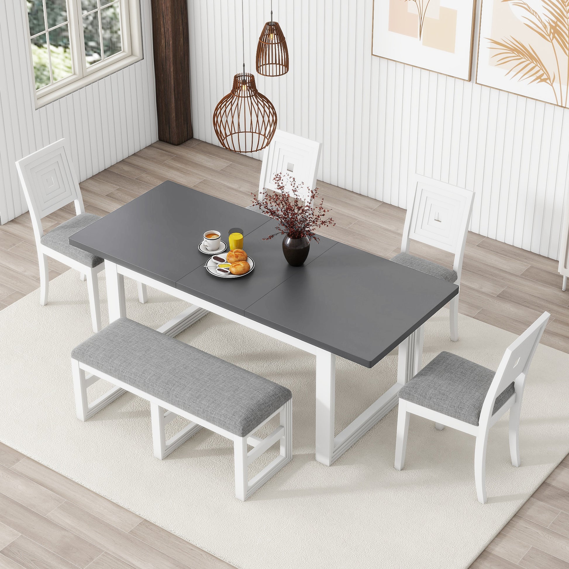 Modern 78Inch 6 Piece Extendable Dining Table Set, 4 Upholstered Dining Chairs And Dining Bench, 18" Butterfly Leaf, White Wood Dining Room Extendable Rubberwood Rectangular Dining Table With Chair And Bench Upholstered Chair Wood White Gray Solid Back