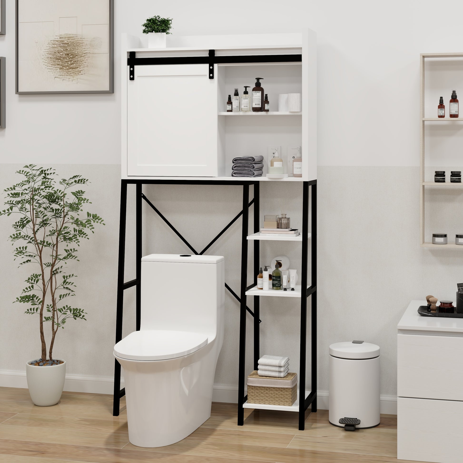 Over The Toilet Storage Cabinet, Bathroom Shelves Over Toilet With Sliding Barn Door,Adjustable Shelves And Side Storage Rack White White Black Mdf