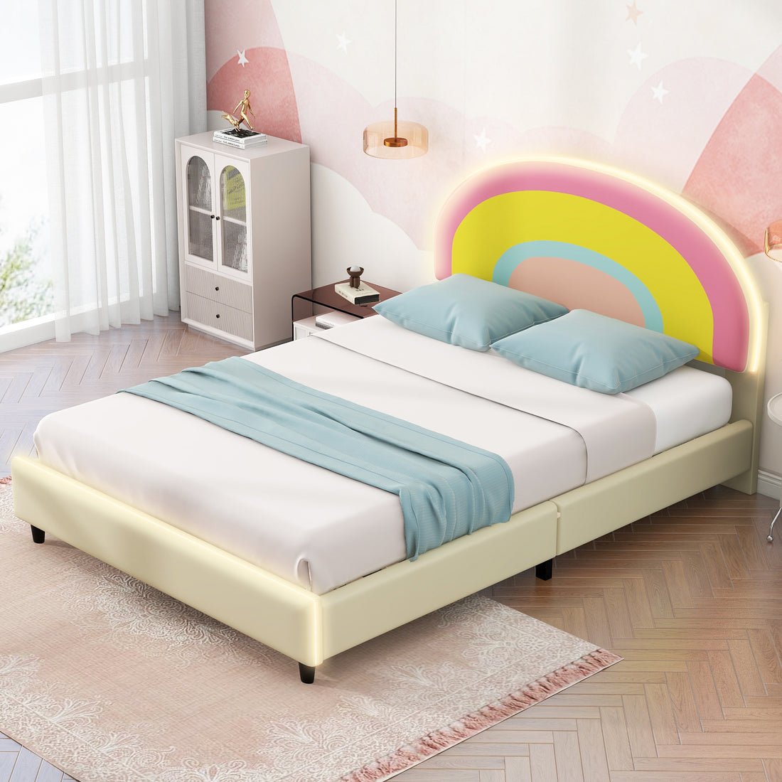 Full Size Upholstered Platform Bed with Rainbow Shaped beige-upholstered