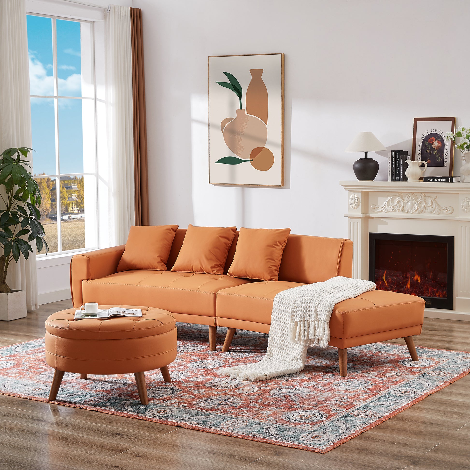 107" Contemporary Sofa Stylish Sofa Couch With A Round Storage Ottoman And Three Removable Pillows For Living Room, Orange Orange Pu