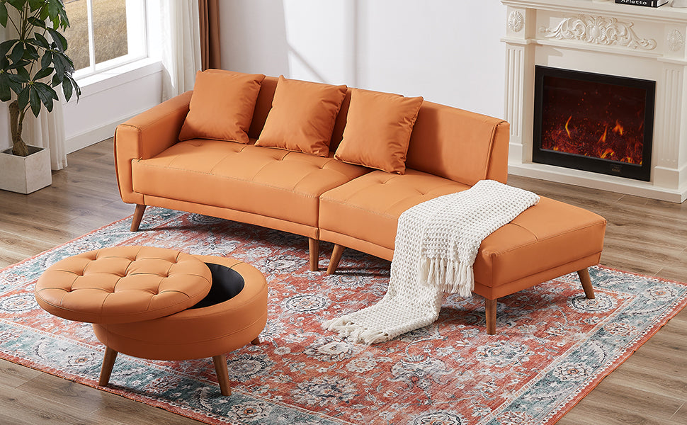 107" Contemporary Sofa Stylish Sofa Couch With A Round Storage Ottoman And Three Removable Pillows For Living Room, Orange Orange Pu