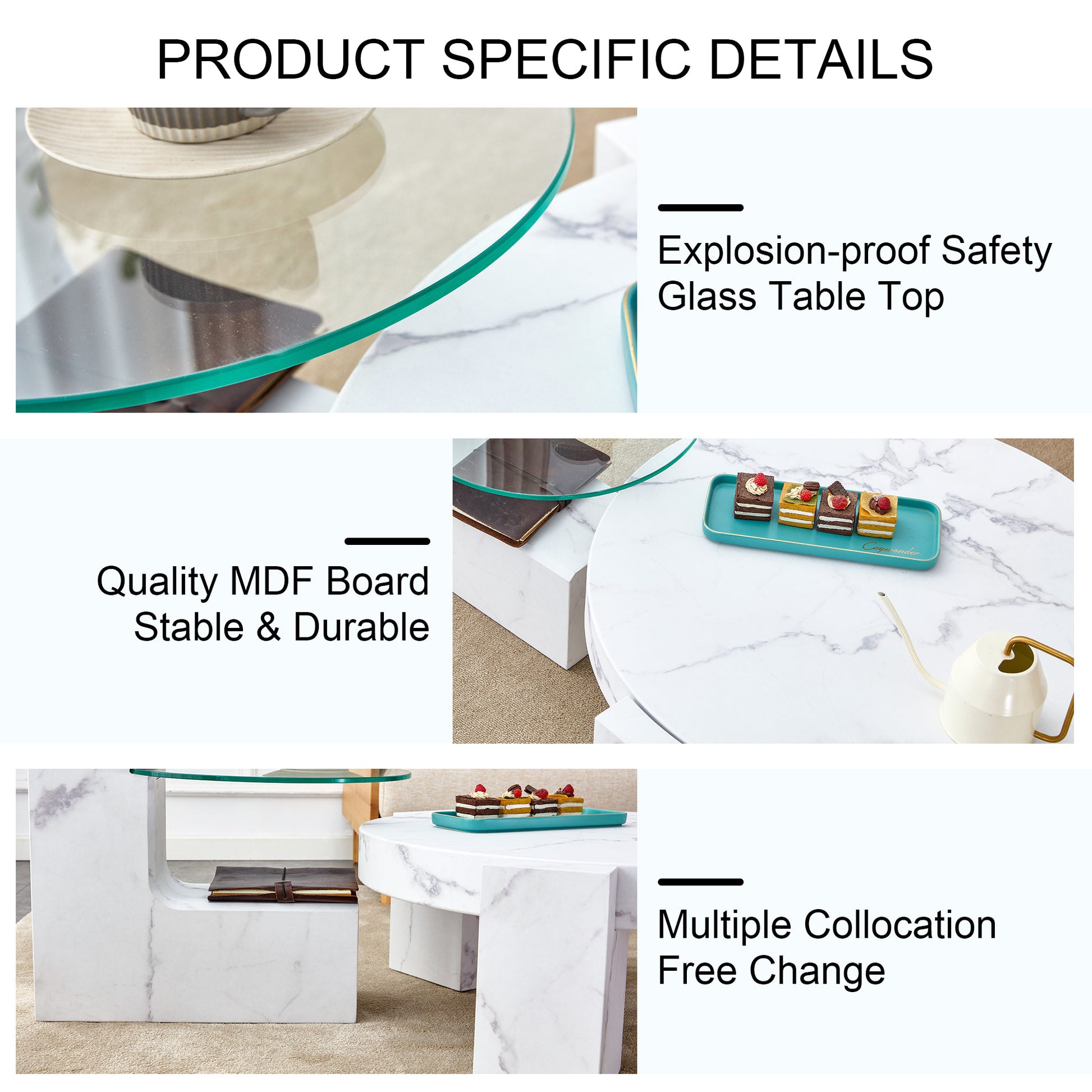 A Modern, Fashionable, And Durable Marble Textured Mdf Coffee Table With A Side Table. Match With Multiple Scenes. Suitable For Living Room And Bedroom. White Mdf Glass