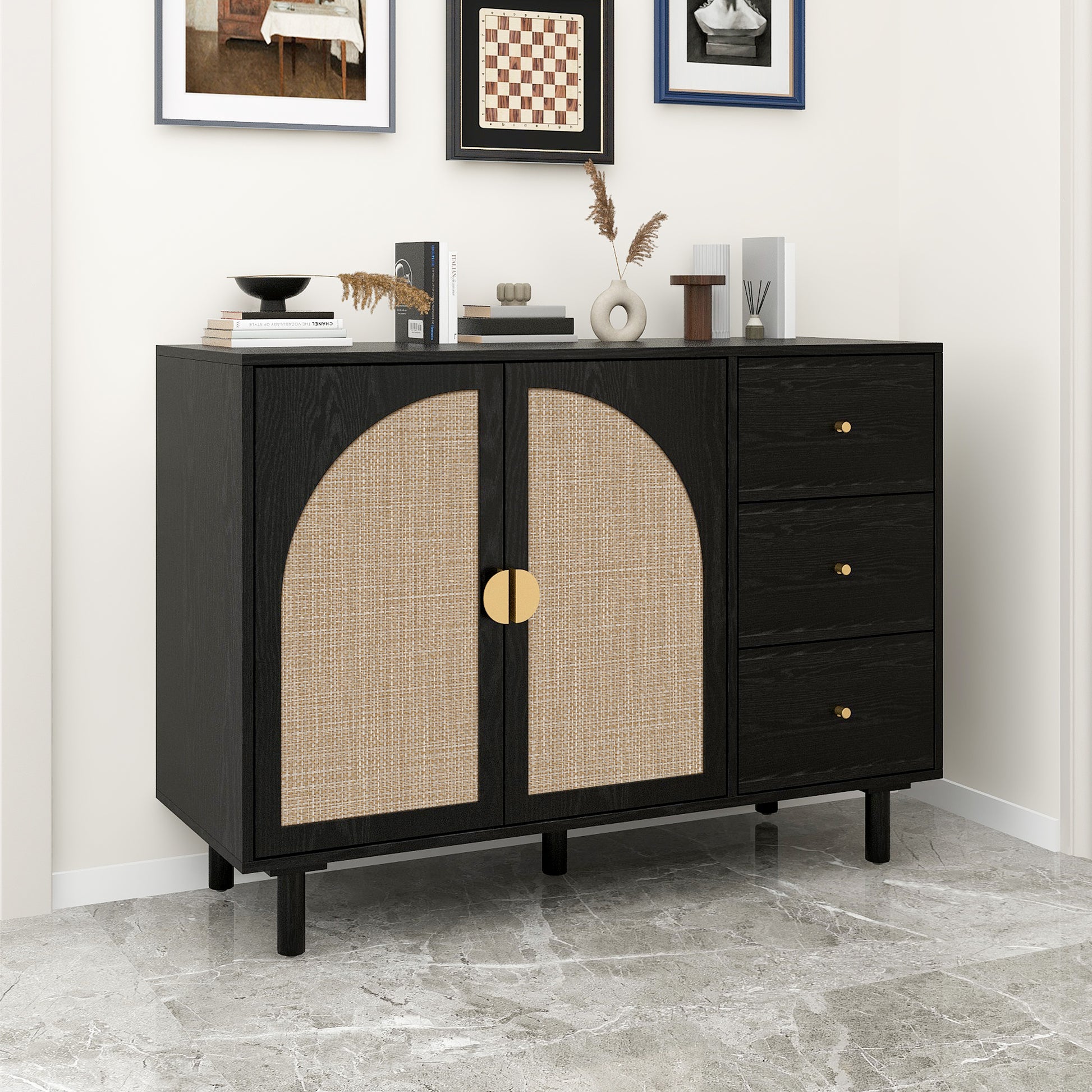 2 Door 3 Drawer Cabinet, Suitable For Bedroom, Living Room, Study Black Mdf