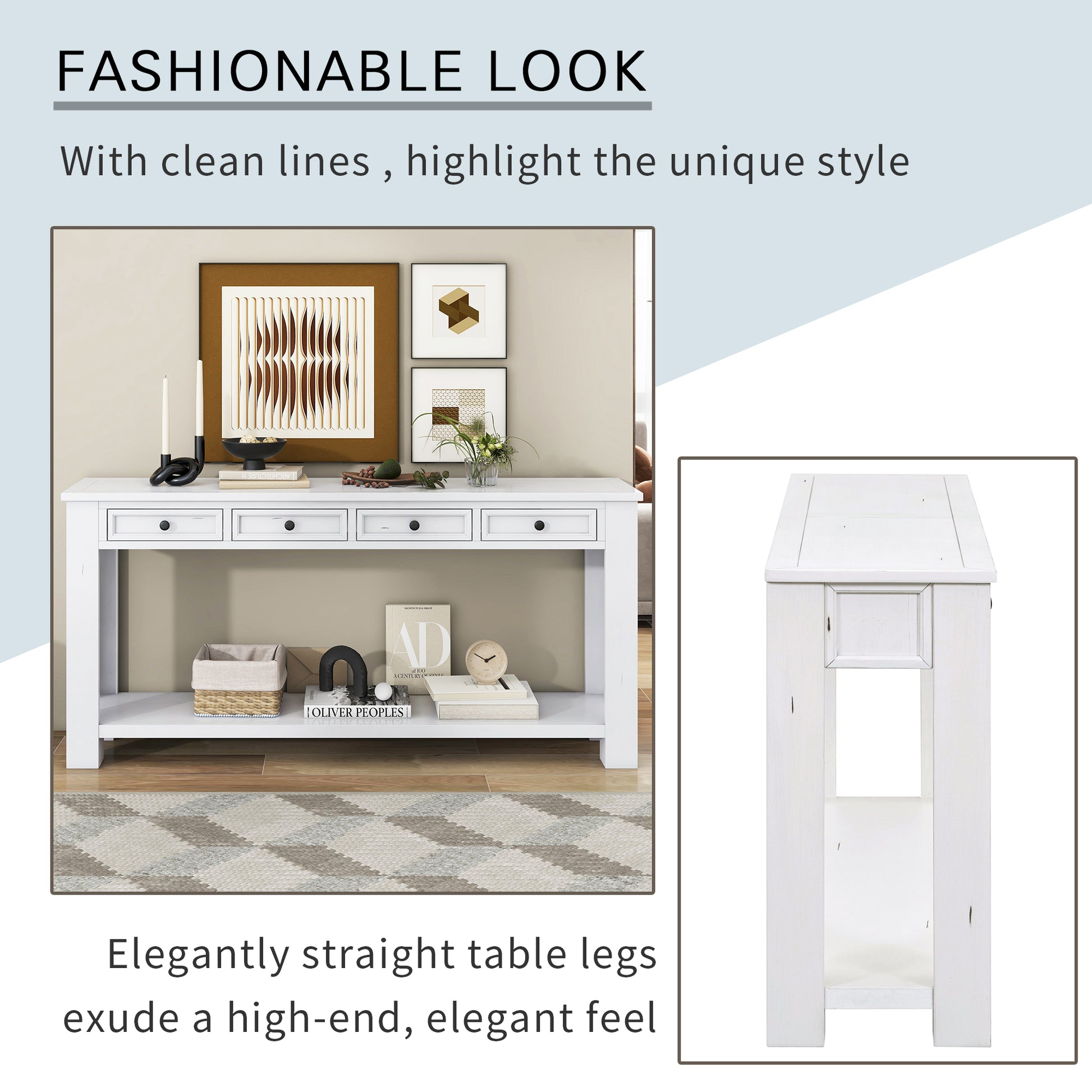 Console Table Sofa Table With Storage Drawers And Bottom Shelf For Entryway Hallway Antique White Antique White Solid Wood