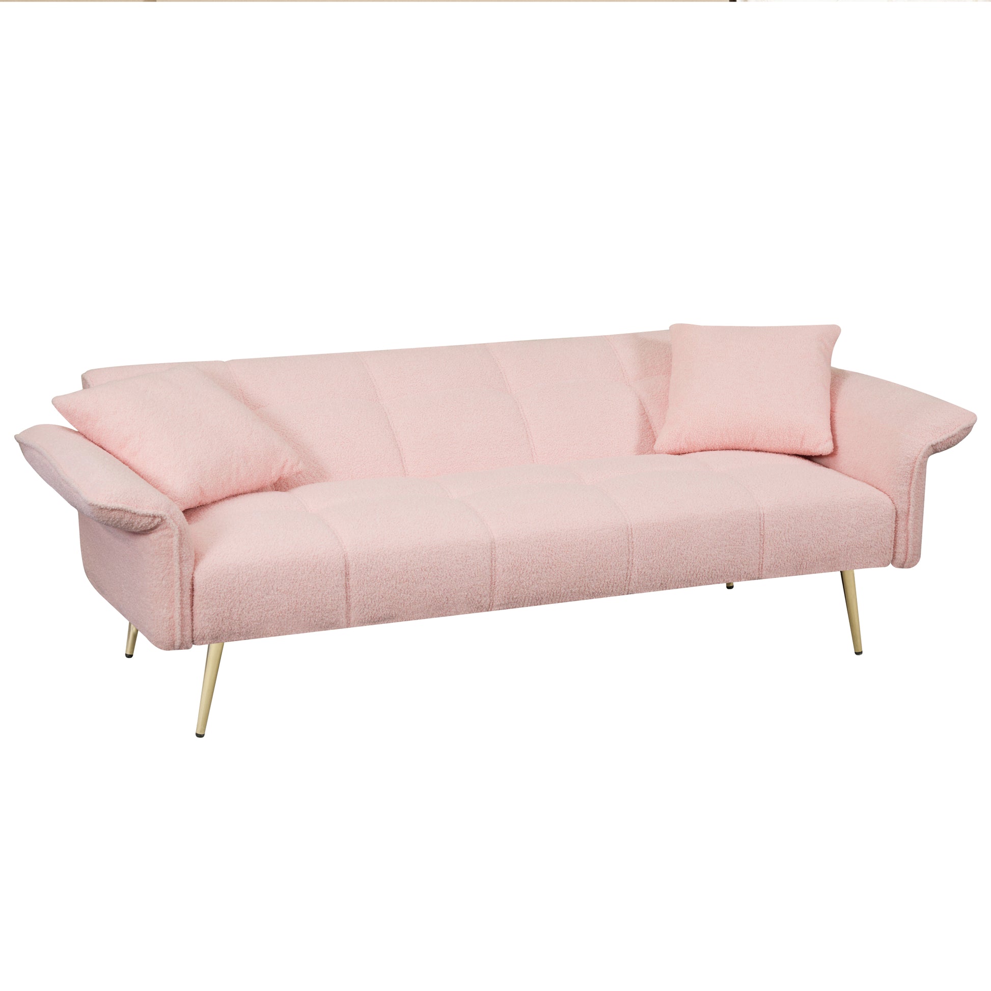 70 Inch Teddy Fleece Sofabed, Convertible Futon Sofabed With Adjustable Arms And Backrest, Modernsofa For Living Room And Bedroom. Pink Light Brown Velvet Wood Primary Living Space Medium Soft Loose Back Contemporary Eucalyptus Foam Foam 2 Seat