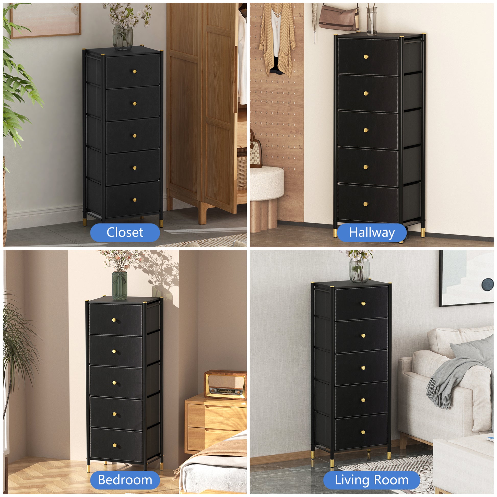 Drawer Dresser Cabinet, Tall Dresser With 5 Pu Leather Front Drawers, Storage Tower With Fabric Bins, Double Dresser, Chest Of Drawers For Closet, Living Room, Hallway, Children'S Room, Color:Black 5 Or More Drawers Black Primary Living Space Drawers