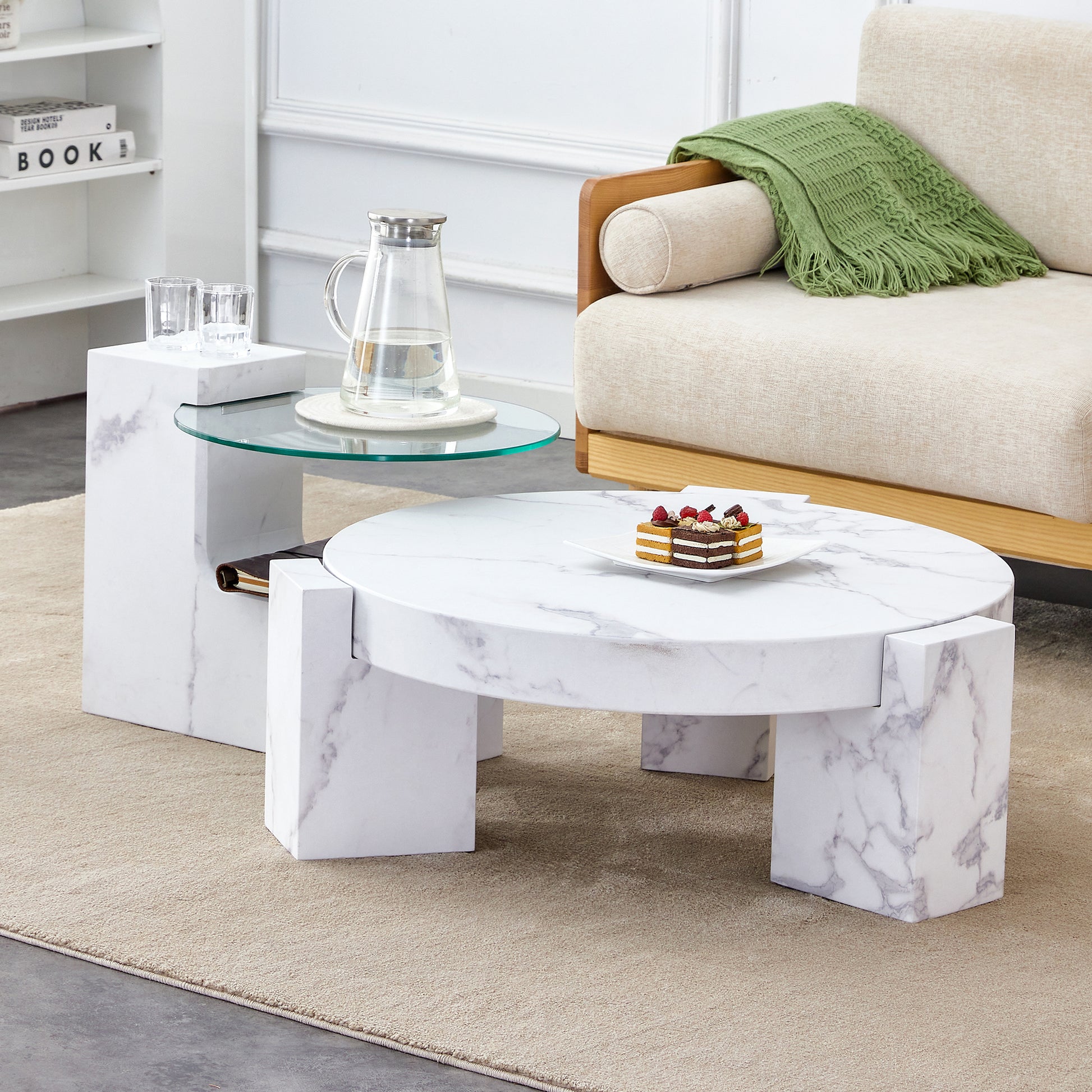 A Modern, Fashionable, And Durable Marble Textured Mdf Coffee Table With A Side Table. Match With Multiple Scenes. Suitable For Living Room And Bedroom. White Mdf Glass