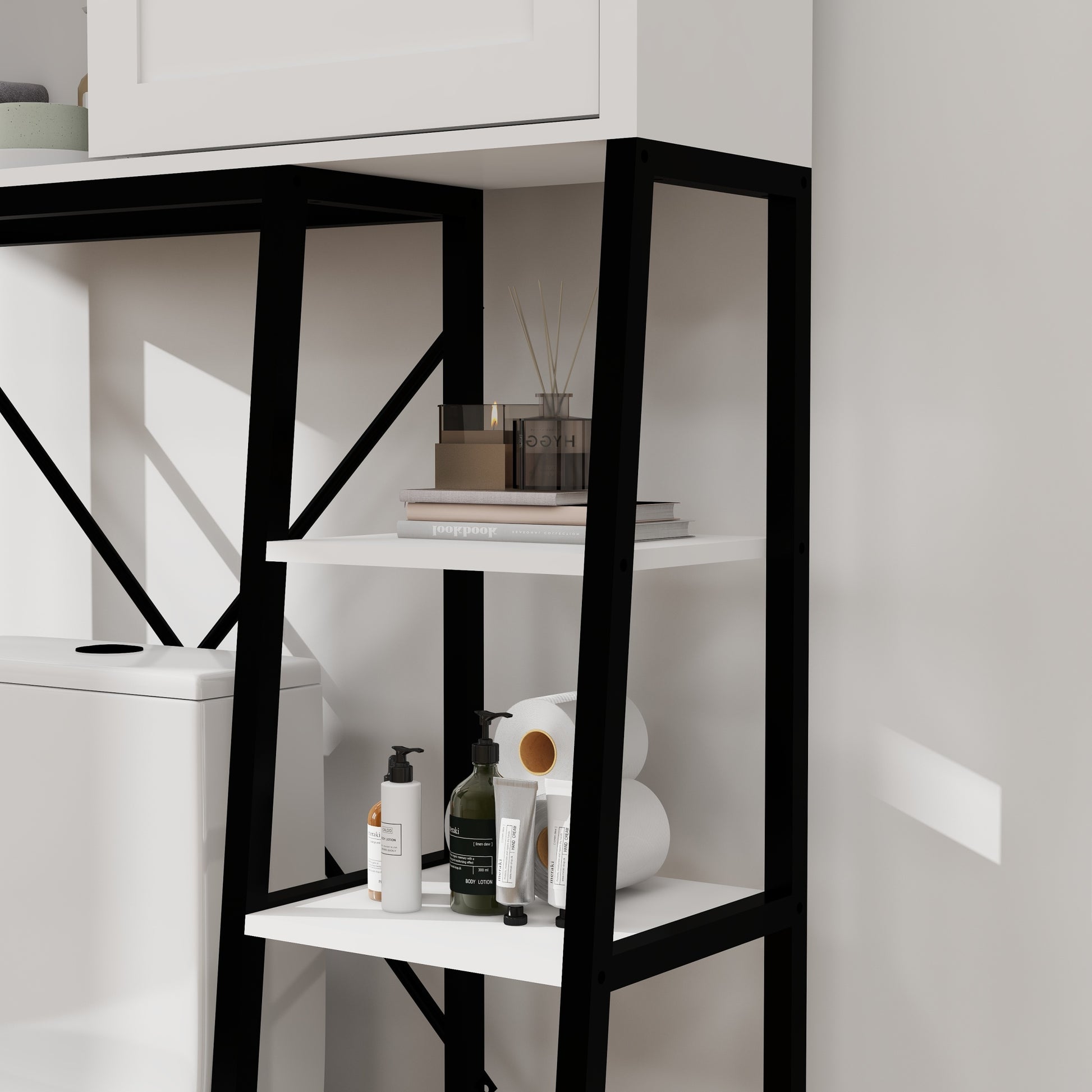 Over The Toilet Storage Cabinet, Bathroom Shelves Over Toilet With Sliding Barn Door,Adjustable Shelves And Side Storage Rack White White Black Mdf