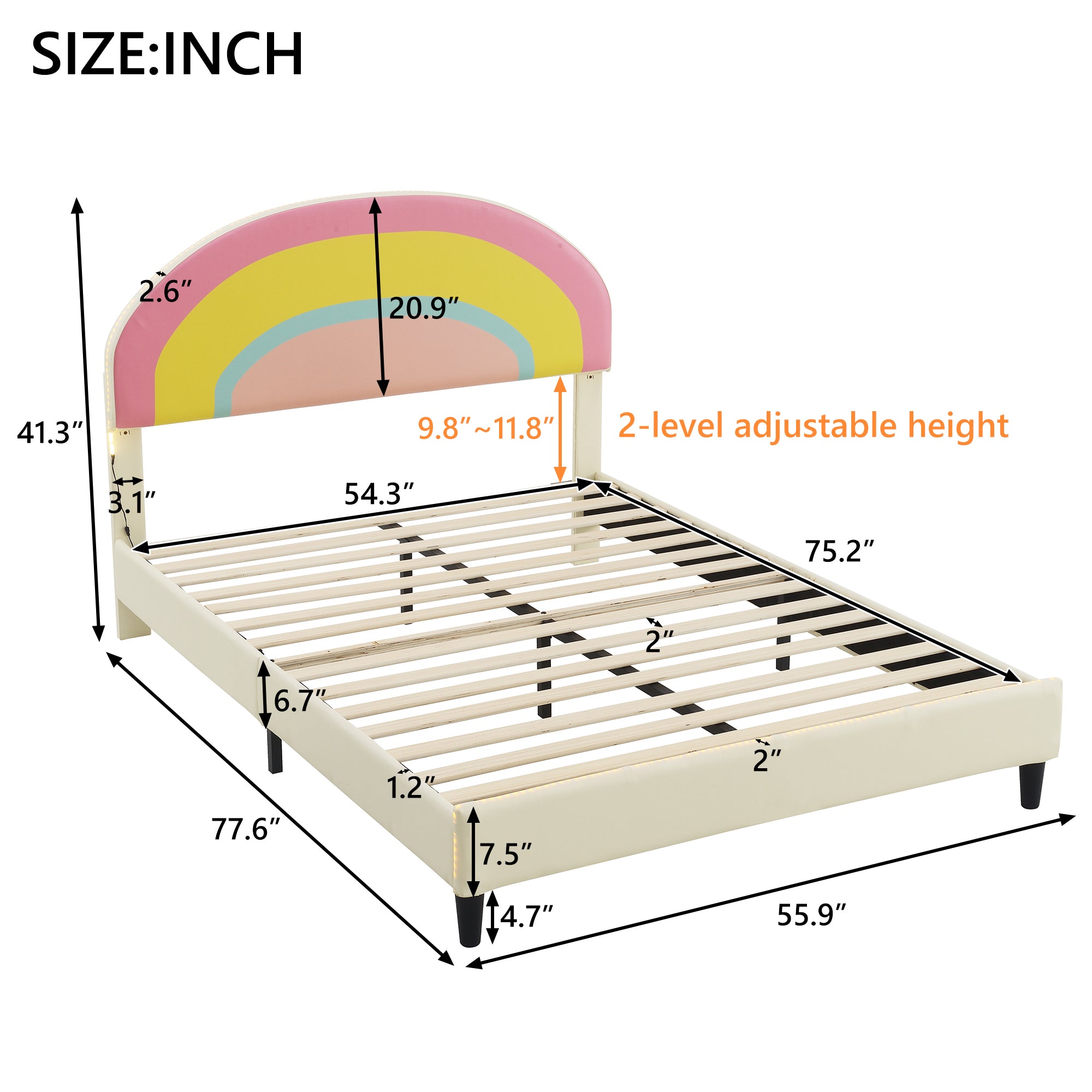 Full Size Upholstered Platform Bed with Rainbow Shaped beige-upholstered