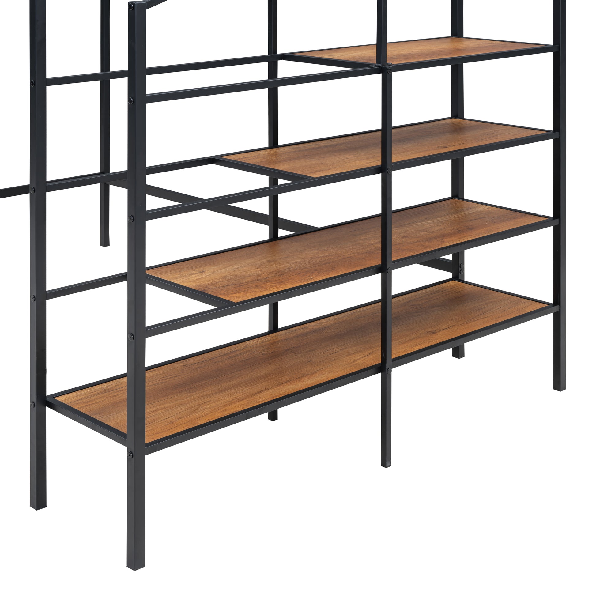 Full Size Metal Loft Bed With Upper Grid Storage Shelf And Lateral Storage Ladder, Black Black Mdf Metal