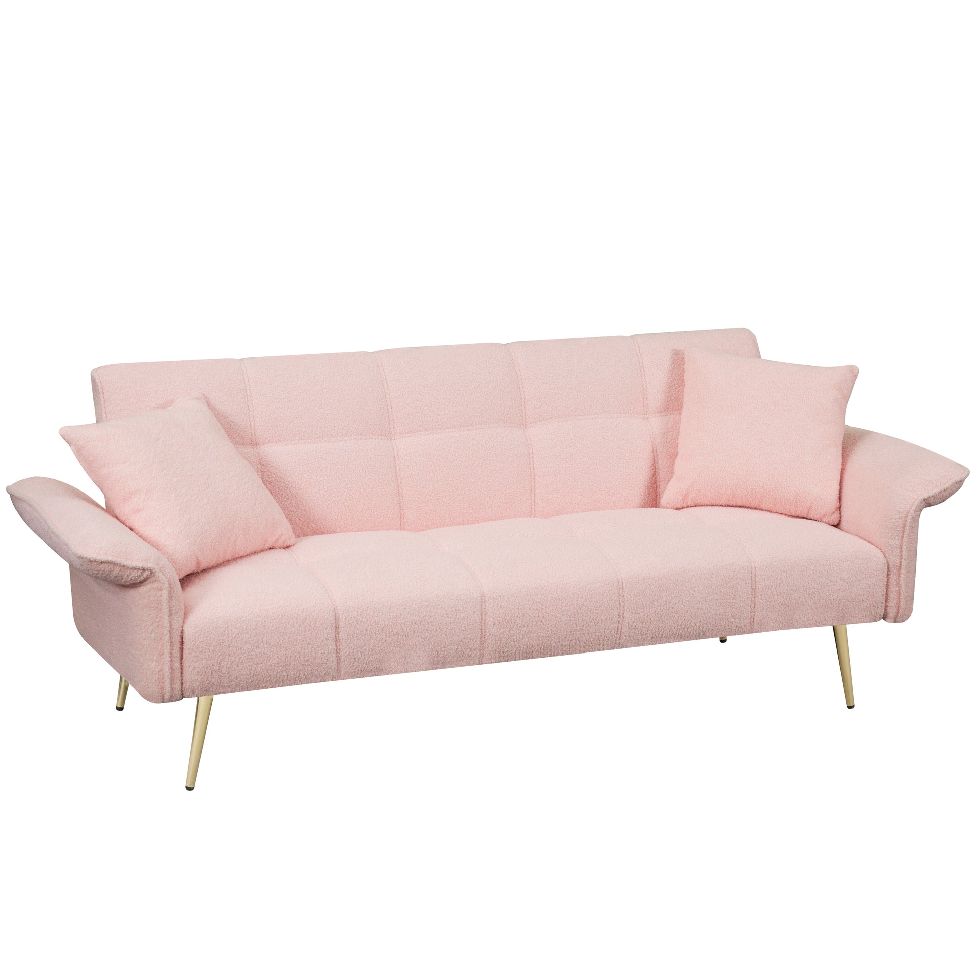 70 Inch Teddy Fleece Sofabed, Convertible Futon Sofabed With Adjustable Arms And Backrest, Modernsofa For Living Room And Bedroom. Pink Light Brown Velvet Wood Primary Living Space Medium Soft Loose Back Contemporary Eucalyptus Foam Foam 2 Seat